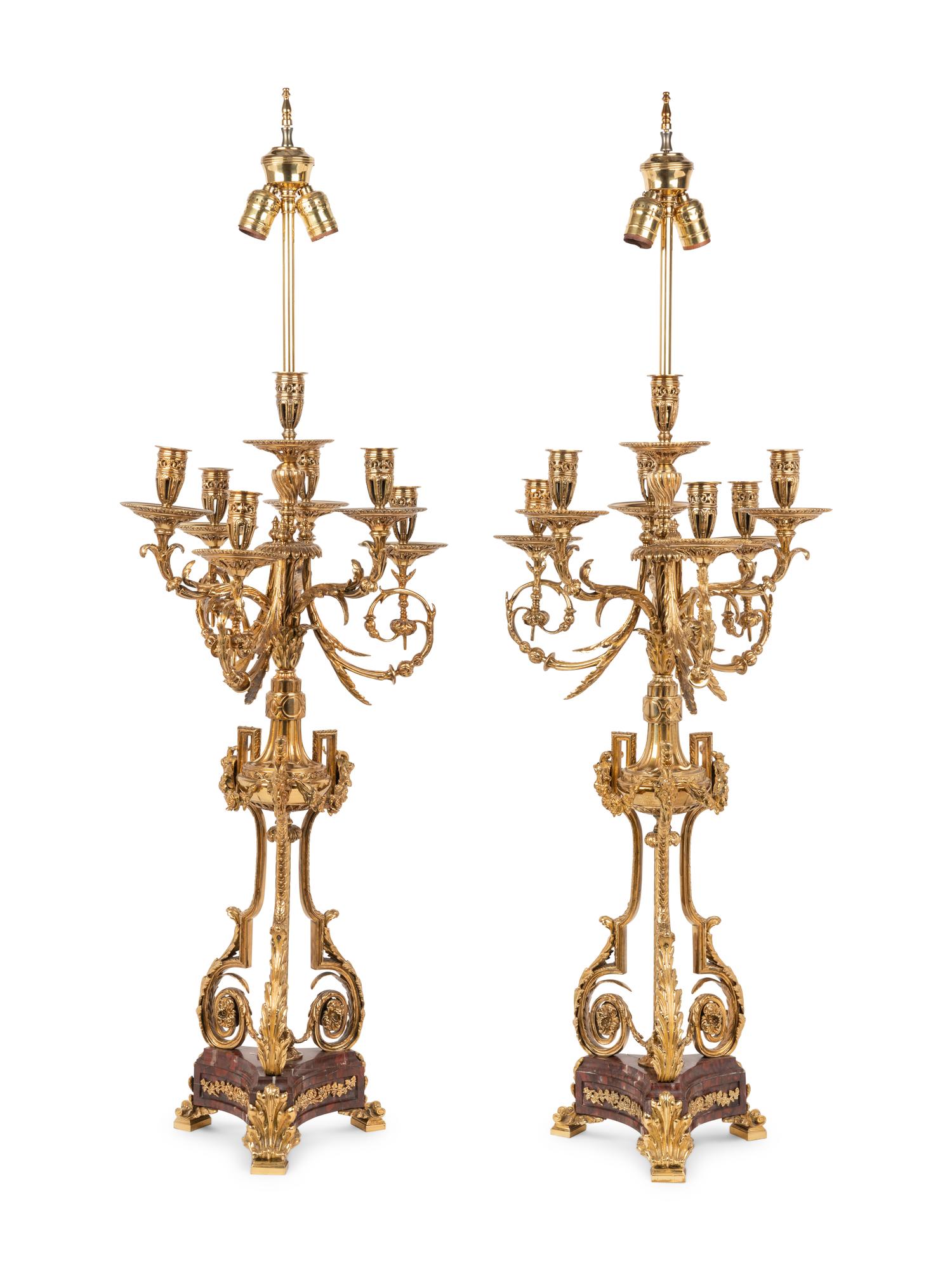 A Pair of Louis XVI Style Gilt Metal and Marble Seven-Light Candelabra Mounted as Lamps