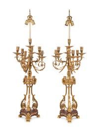 A Pair of Louis XVI Style Gilt Metal and Marble Seven-Light Candelabra Mounted as Lamps