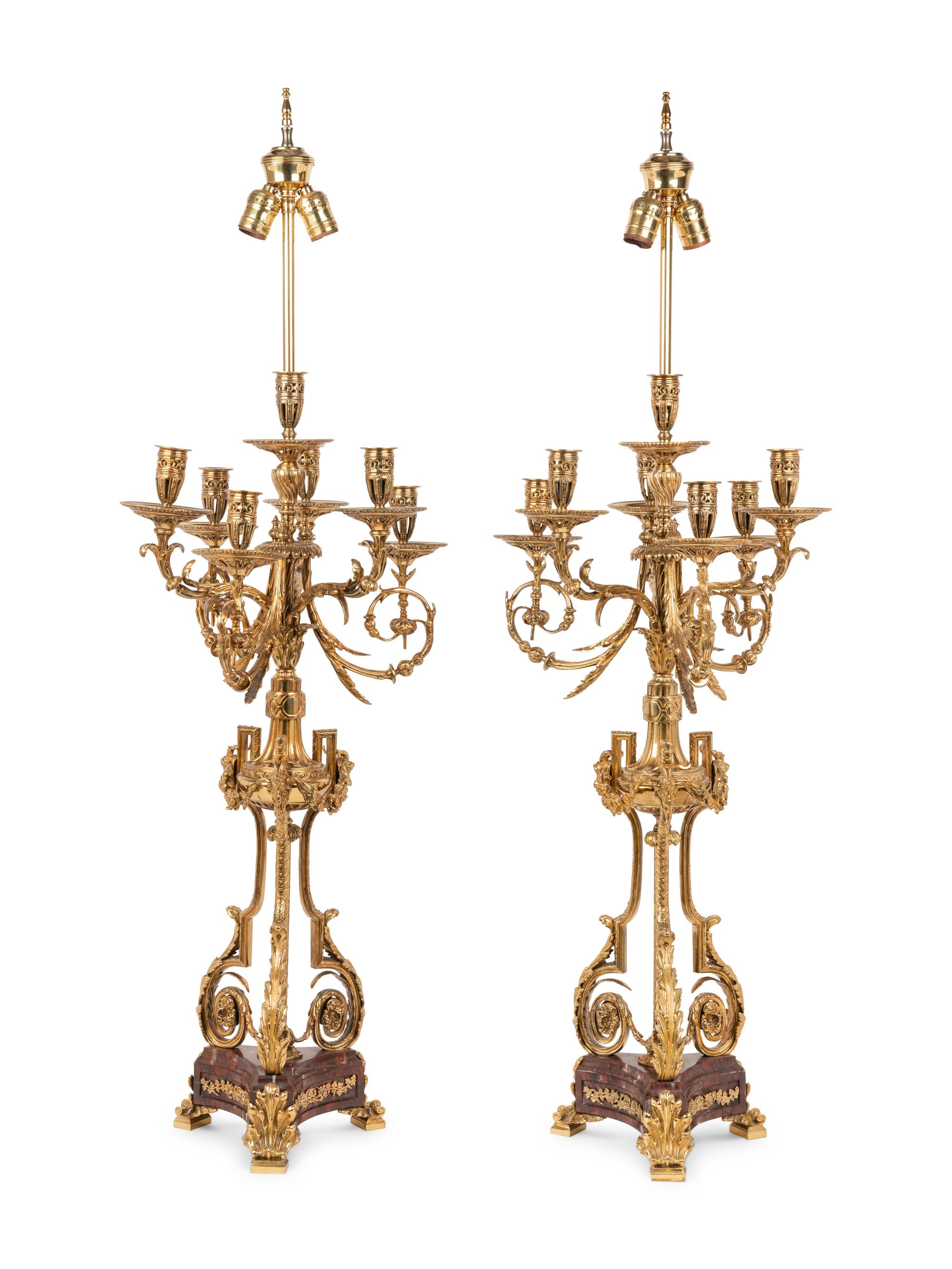 A Pair of Louis XVI Style Gilt Metal and Marble Seven-Light Candelabra Mounted as Lamps