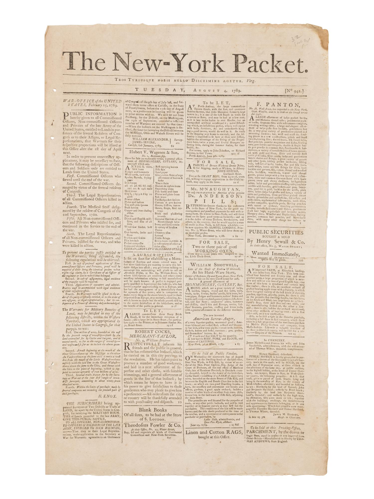 [NEWSPAPER - DEPARTMENT OF STATE]. The New York Packet. No. 942, Tuesday, August 4, 1789. New York: Samuel & John Loudon, 1789.