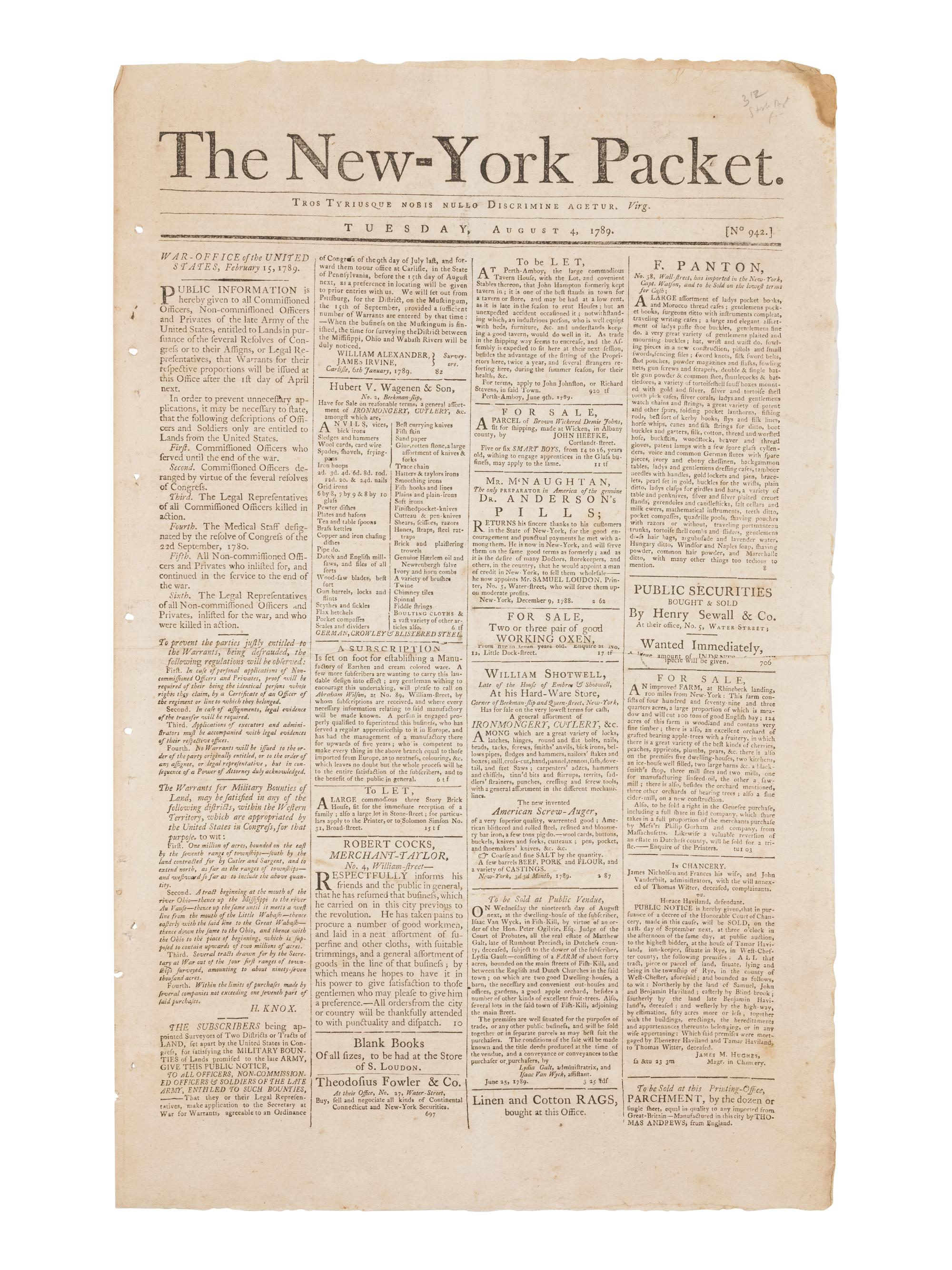 [NEWSPAPER - DEPARTMENT OF STATE]. The New York Packet. No. 942, Tuesday, August 4, 1789. New York: Samuel & John Loudon, 1789.