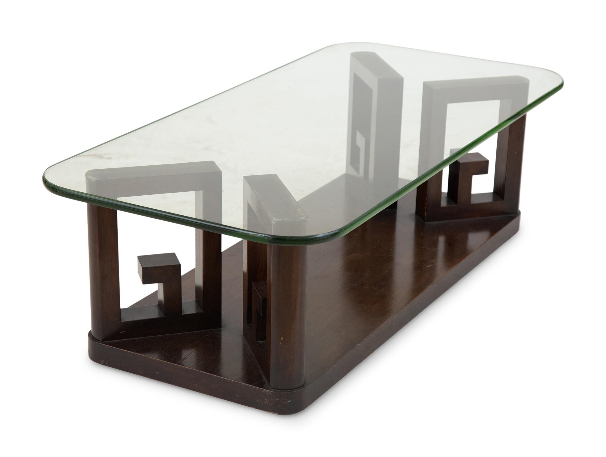 A Contemporary Black Lacquer Greek Key Glass-Top Coffee Table