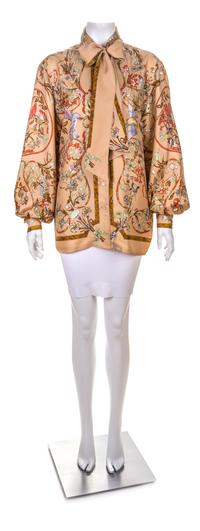 An Hermès Silk Blouse with Necktie, Size 44; Matching Necktie: 1"- 5" x 64".