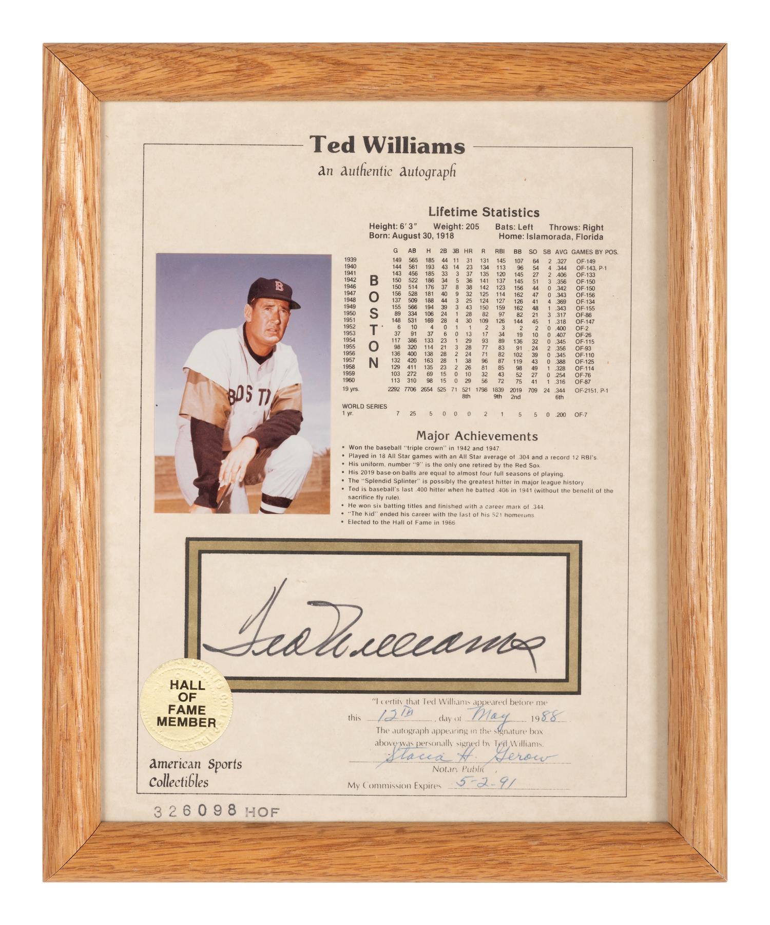 A Ted Williams Signed Autograph Career Statistics Display (Beckett Authentication Services Letter),