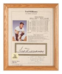 A Ted Williams Signed Autograph Career Statistics Display (Beckett Authentication Services Letter),