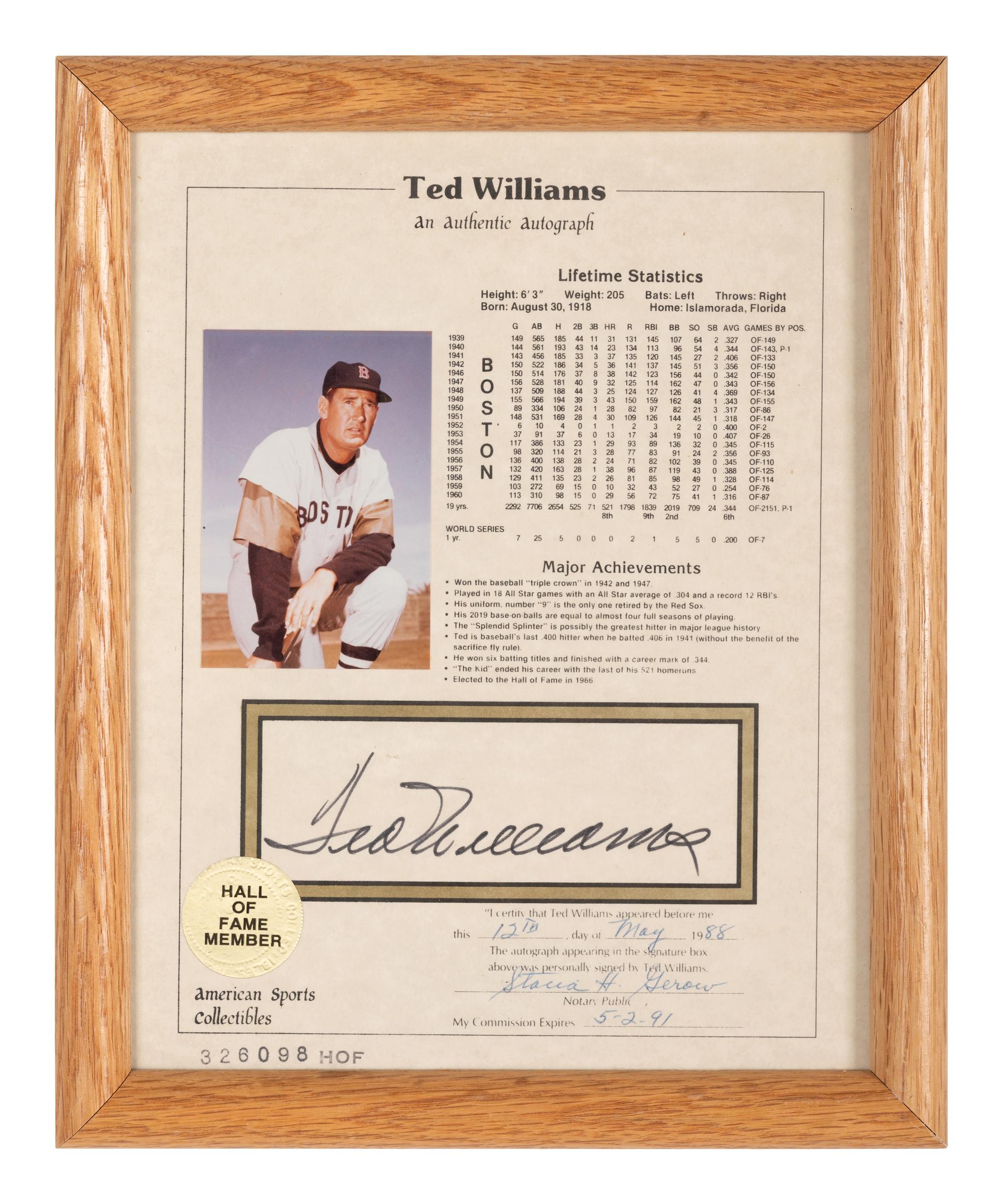 A Ted Williams Signed Autograph Career Statistics Display (Beckett Authentication Services Letter),