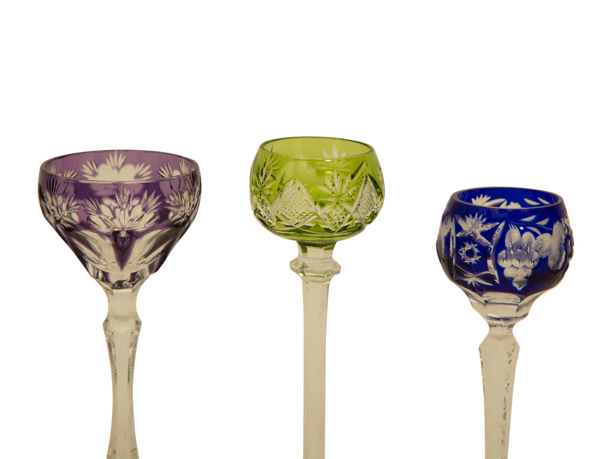 A Collection of Bohemian Cut-to-Clear Colored Cordial Glasses