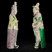 An unusual pair of large Chinese famille-verte decorated porcelain guardians 五彩门神一对 18th century ????