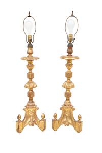 A Pair of Italian Giltwood Pricket Sticks Mounted as Lamps
