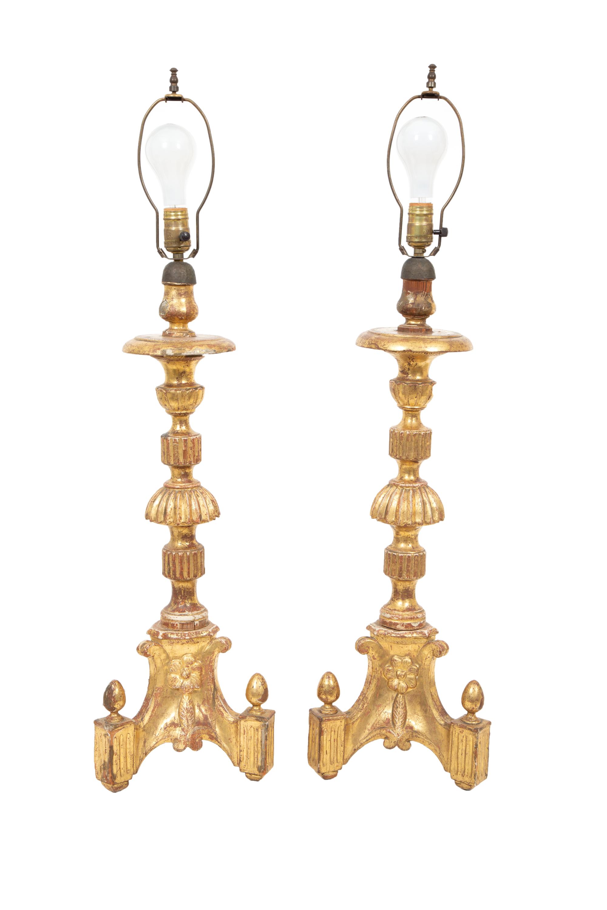 A Pair of Italian Giltwood Pricket Sticks Mounted as Lamps