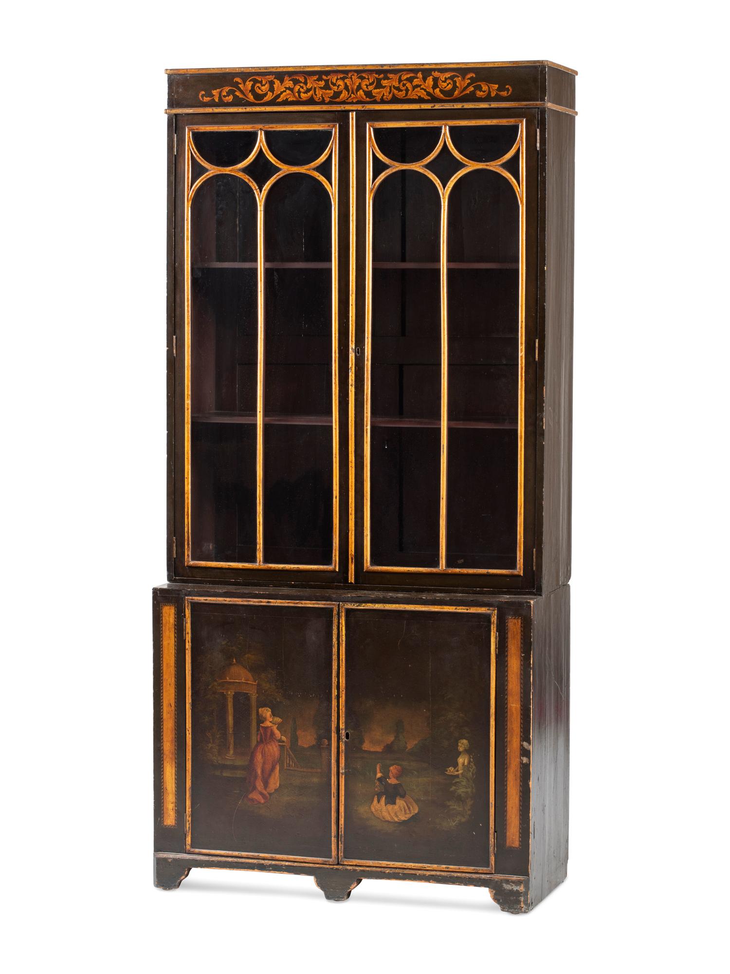 A Regency Black Lacquered and Parcel Gilt Vernis Martin Decorated Step-Back Cabinet