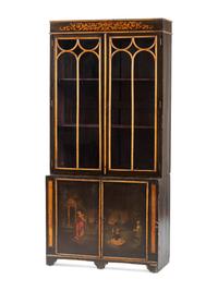 A Regency Black Lacquered and Parcel Gilt Vernis Martin Decorated Step-Back Cabinet