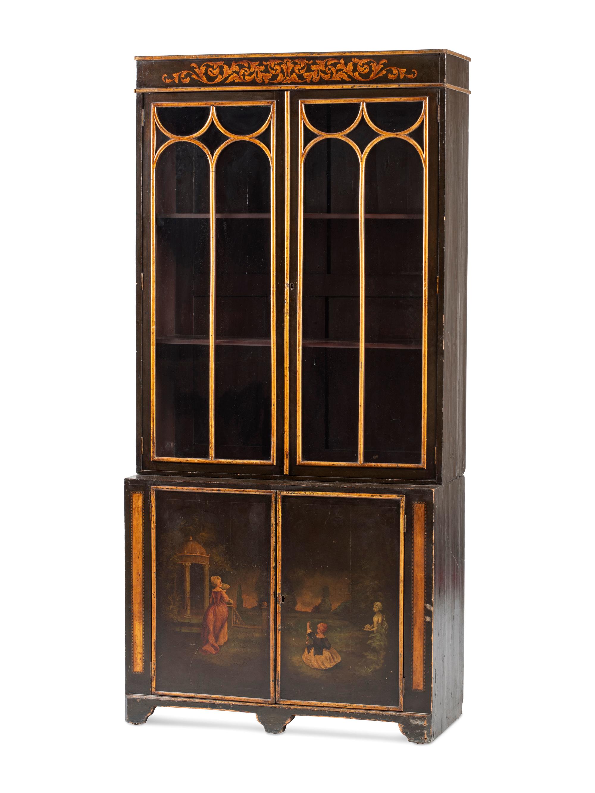 A Regency Black Lacquered and Parcel Gilt Vernis Martin Decorated Step-Back Cabinet
