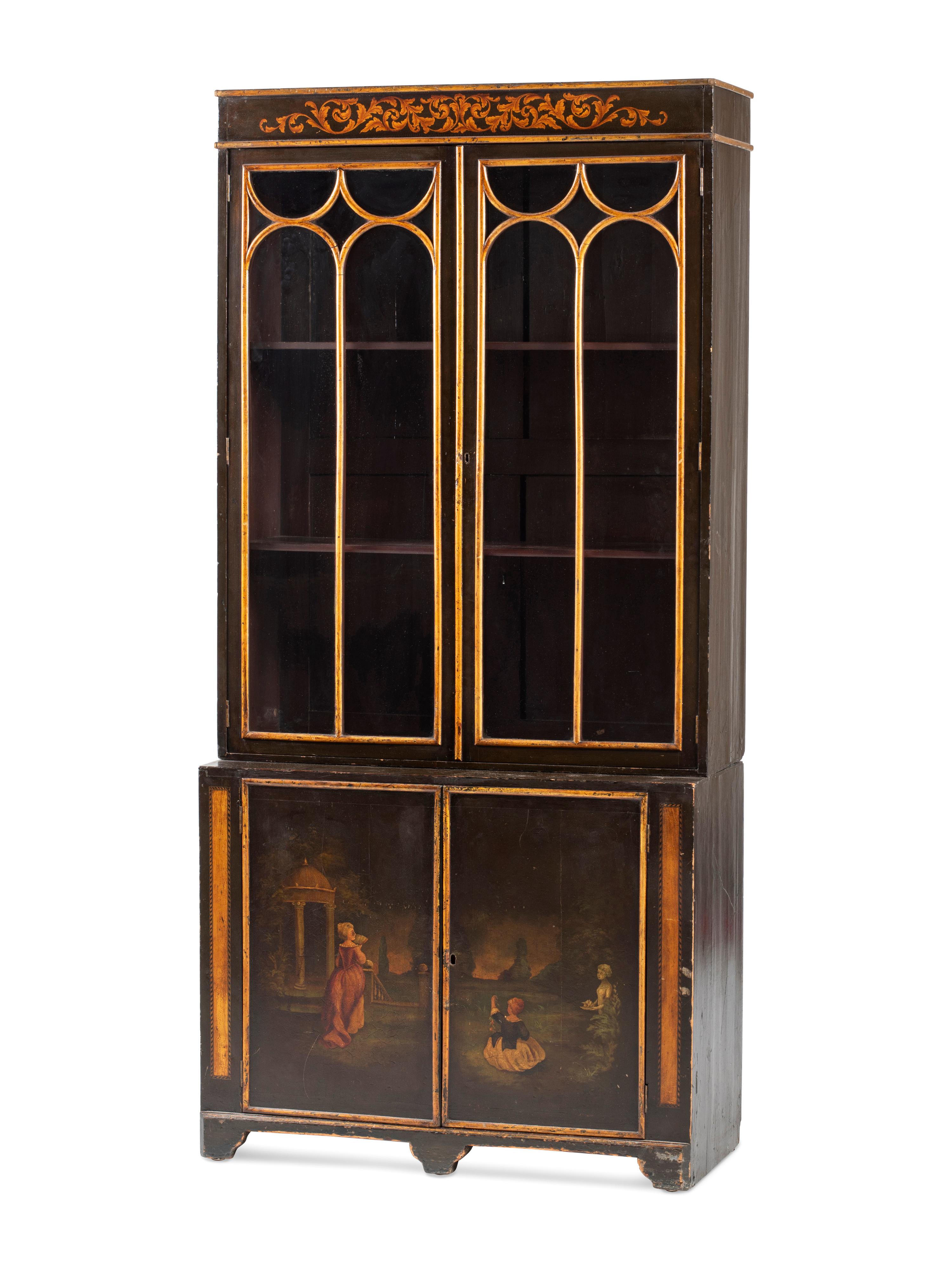 A Regency Black Lacquered and Parcel Gilt Vernis Martin Decorated Step-Back Cabinet