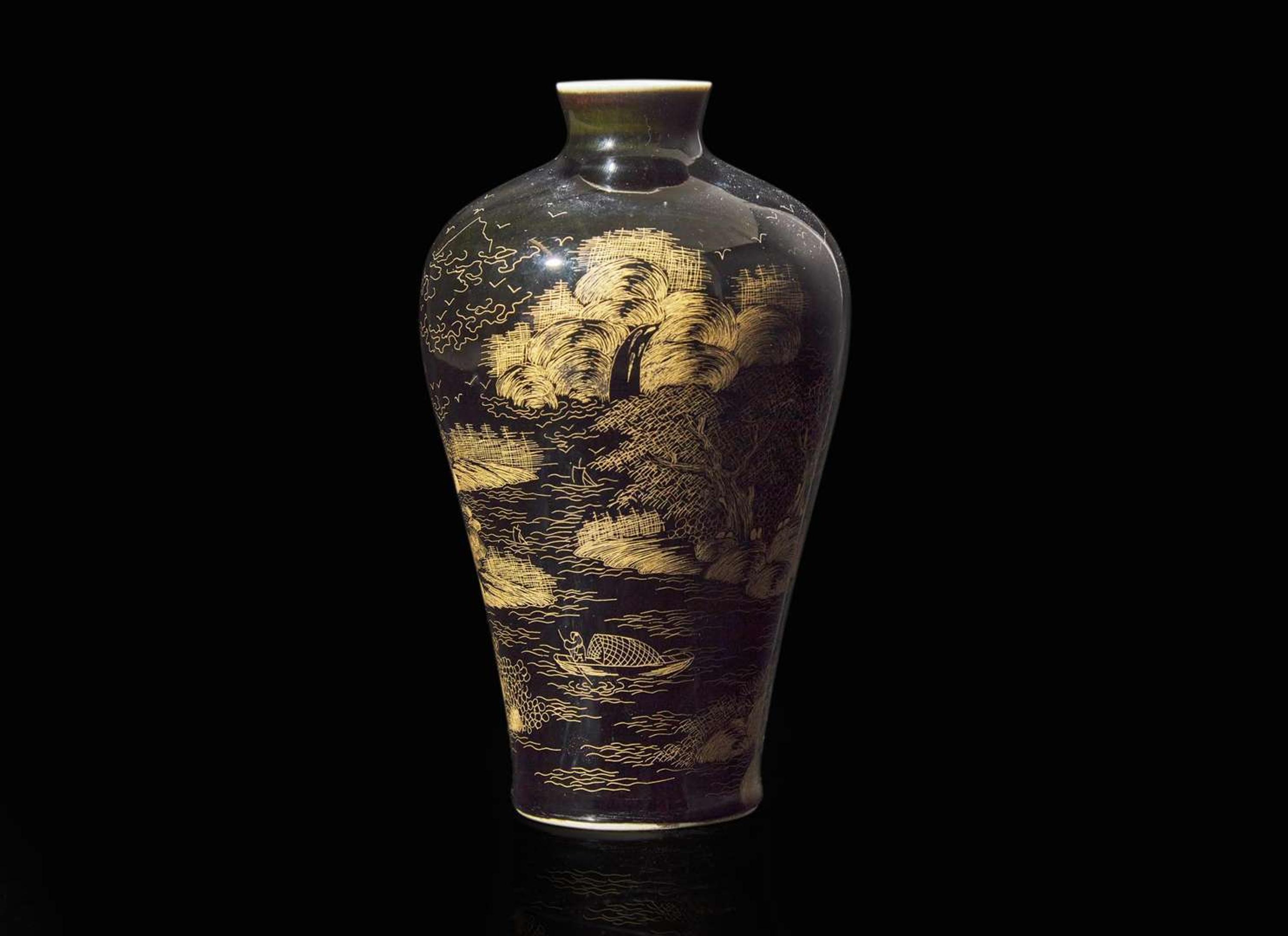 A gilt-incised black monochrome "Landscape" vase, meiping, incised four-character Chuxiu Gong zhi mark 黑地描金刻劃山水梅瓶 儲秀宮四字款