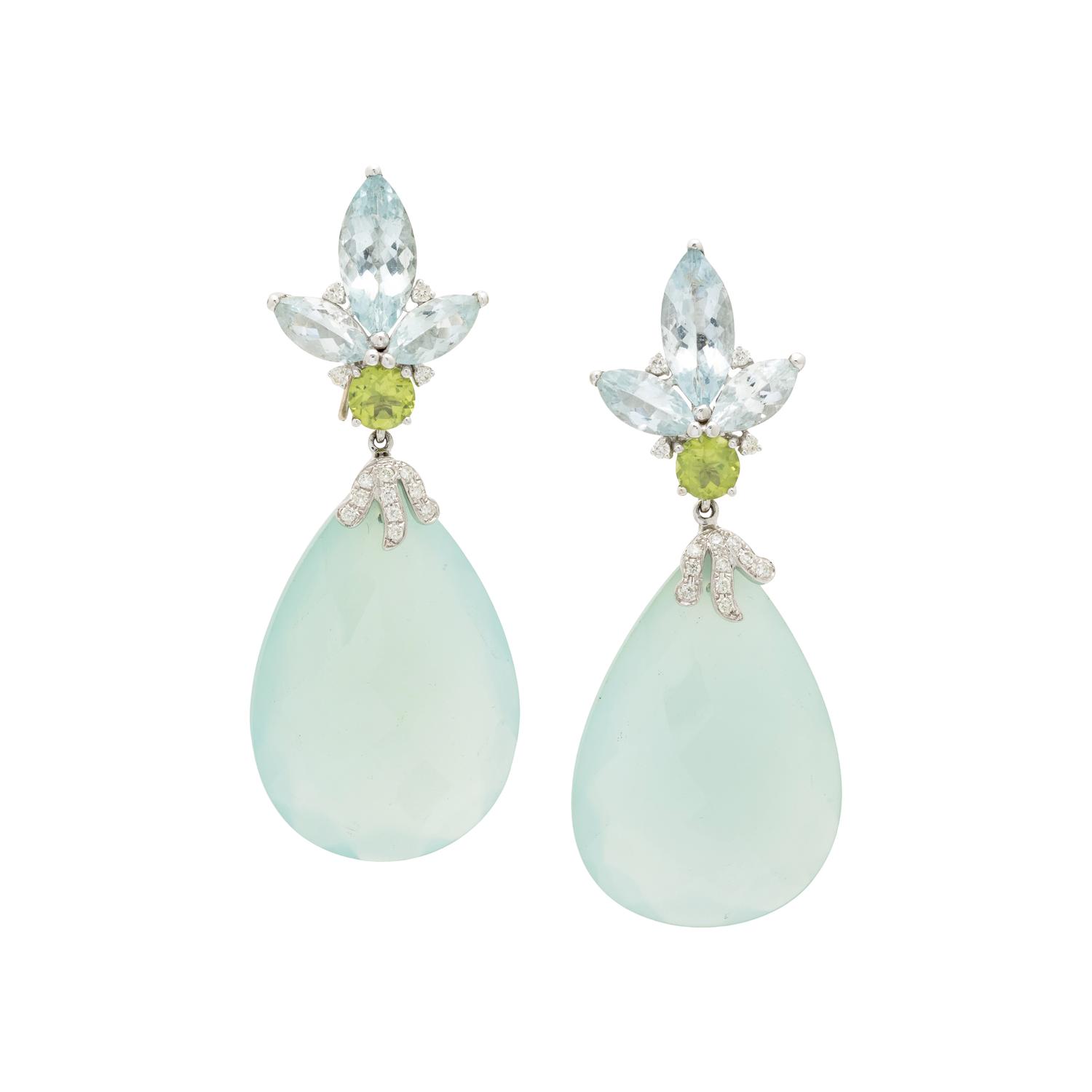 QUARTZ, AQUAMARINE, PERIDOT, AND DIAMOND EARRINGS