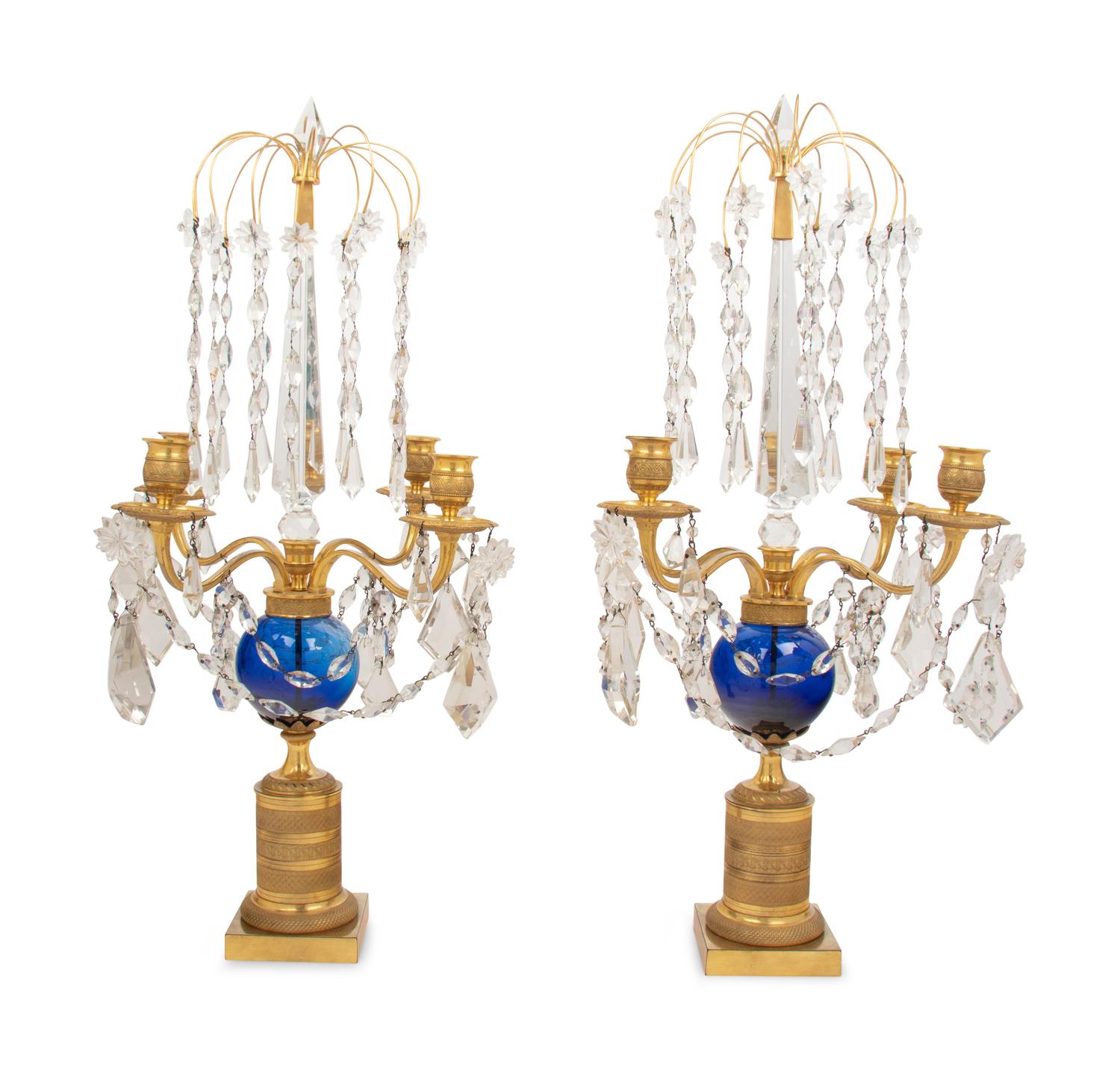 A Pair of Baltic Gilt Bronze, Cobalt and Cut Glass Four-Light Candelabra