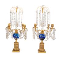 A Pair of Baltic Gilt Bronze, Cobalt and Cut Glass Four-Light Candelabra