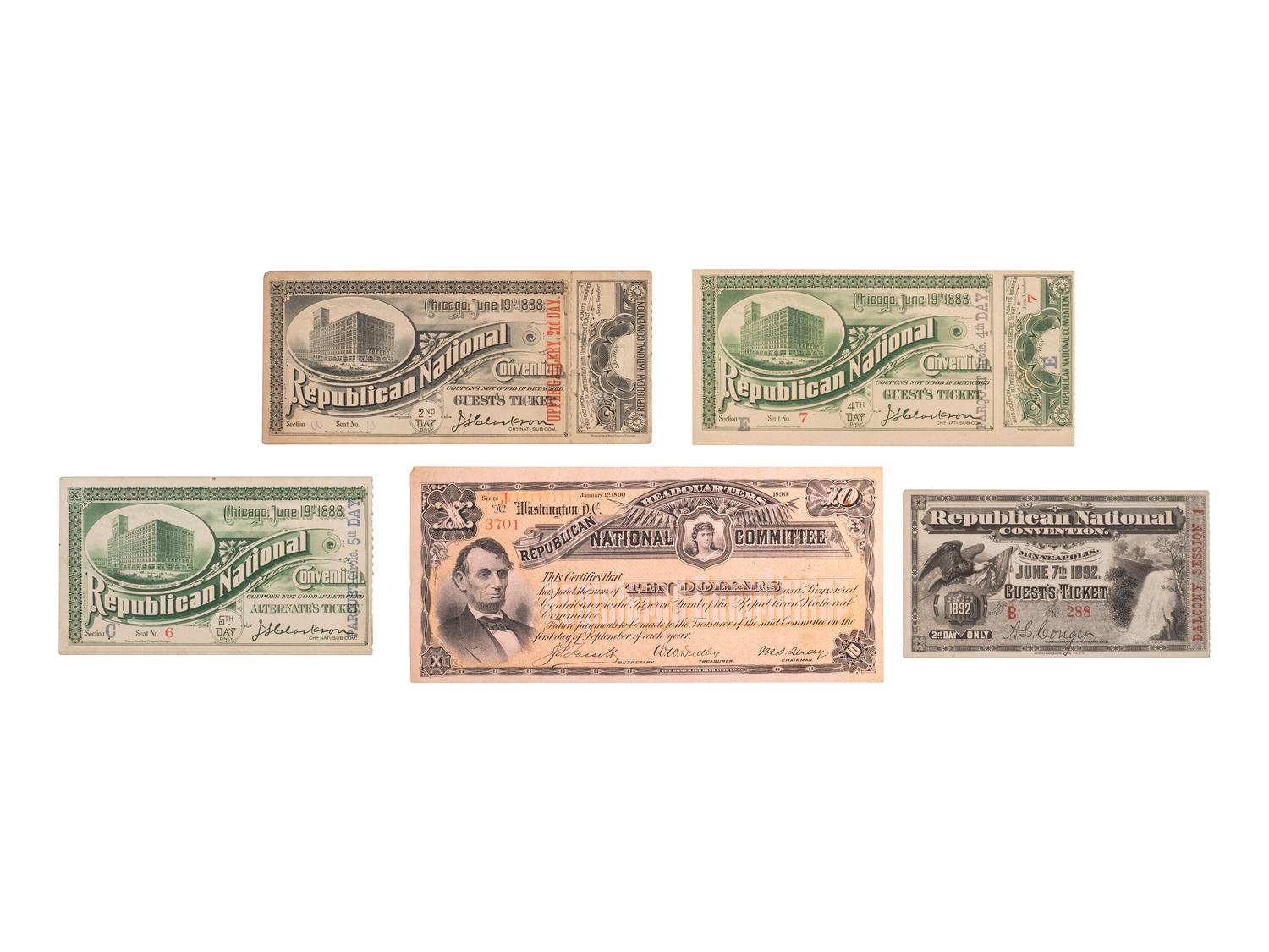 [HARRISON, Benjamin]. A group of tickets from the 1888 and 1892 Republican National Conventions.