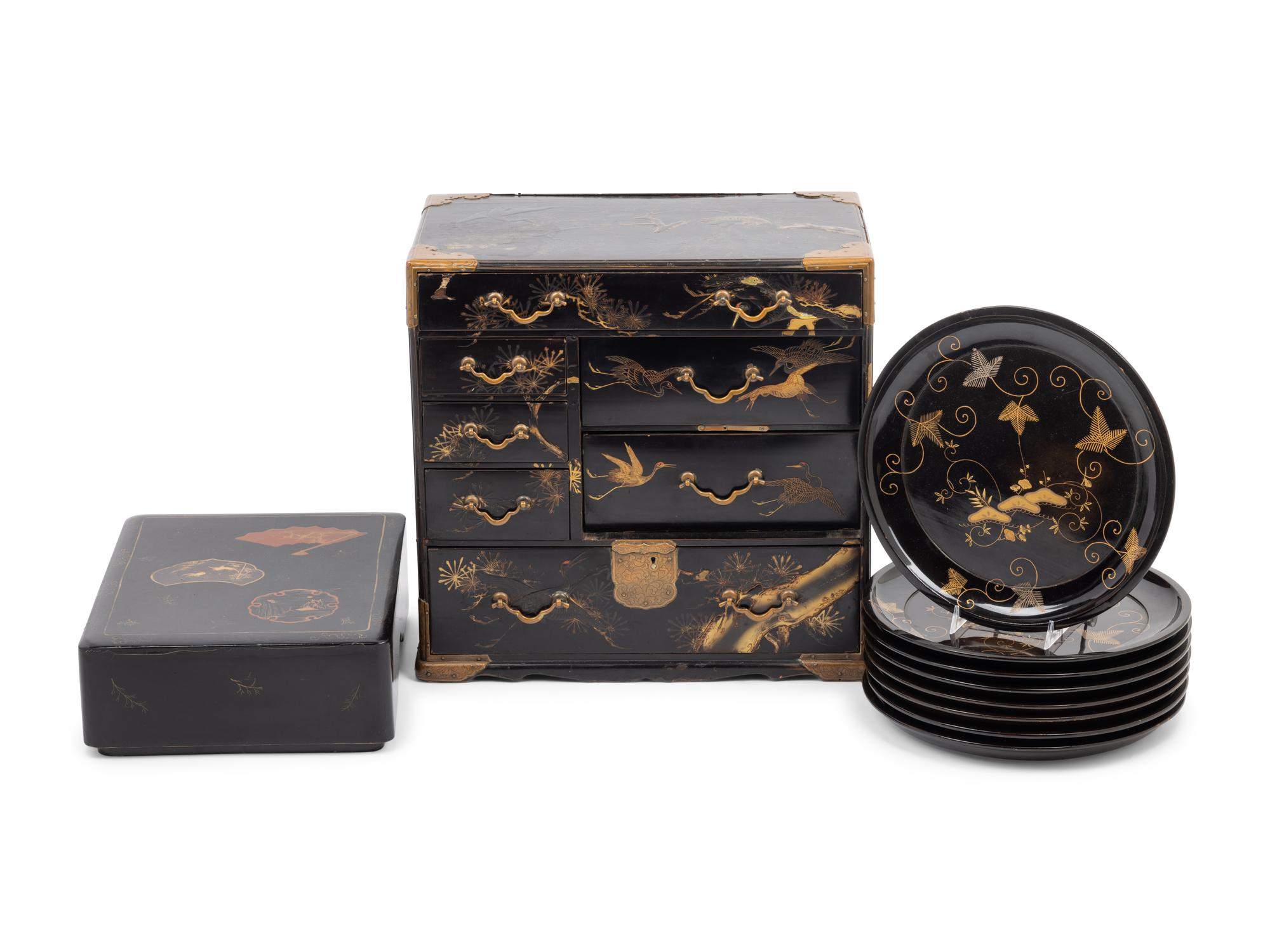 Three Japanese Gilt Decorated Black Lacquered Wares