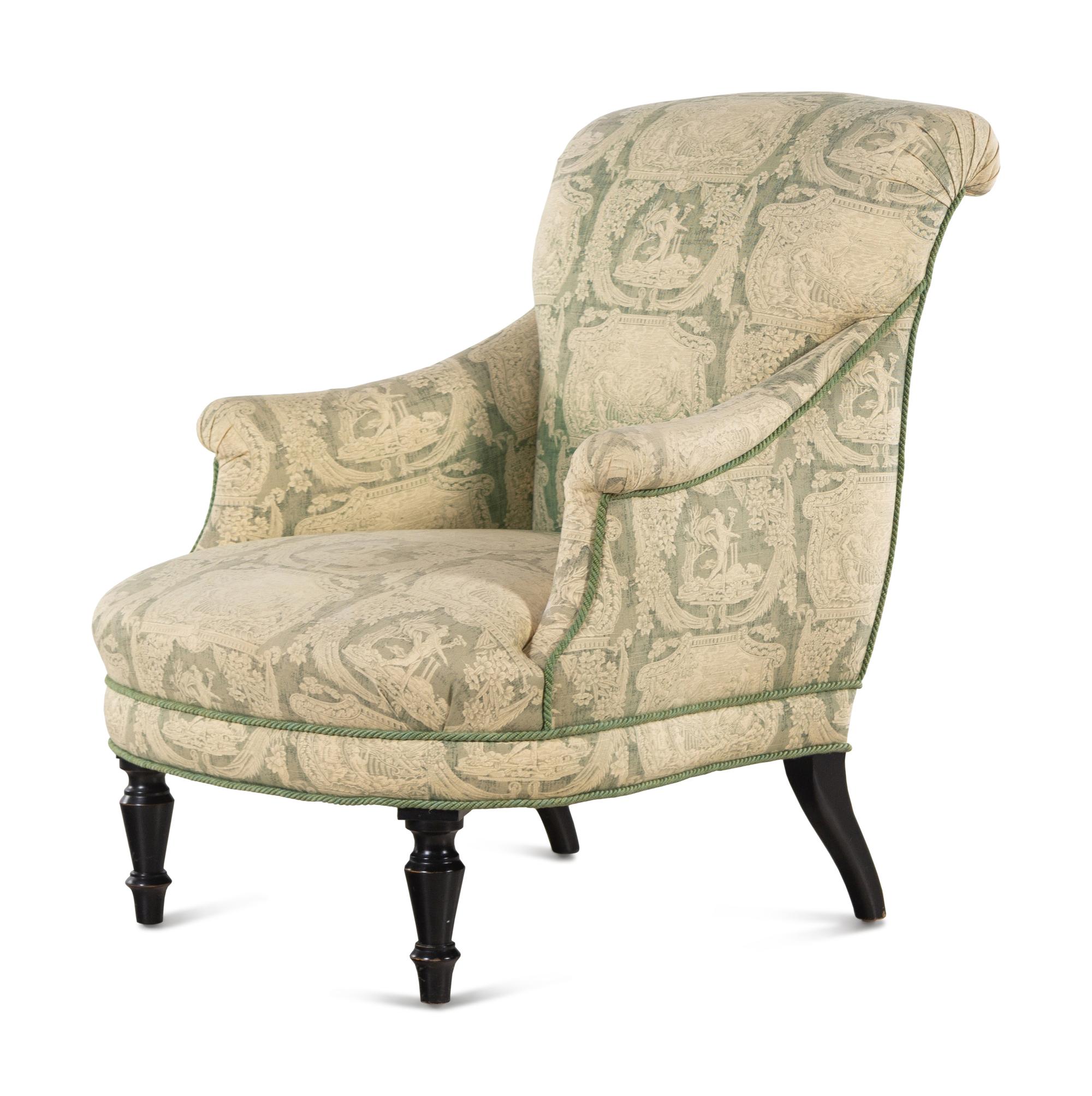 A Green and White Toile de Jouy Upholstered Armchair