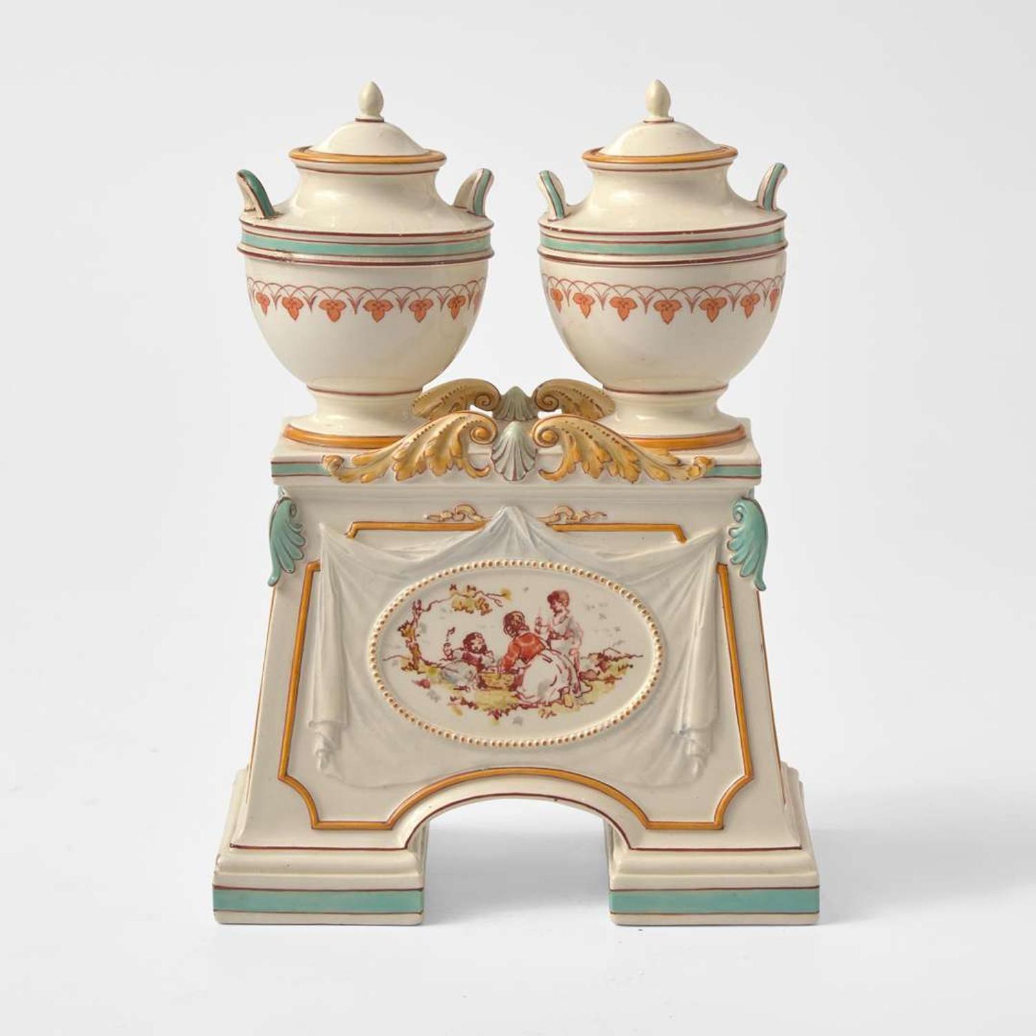 A Wedgwood Emile Lessore (1805-1876) Decorated Queensware Double Urn Form Inkwell, UK, circa 1865