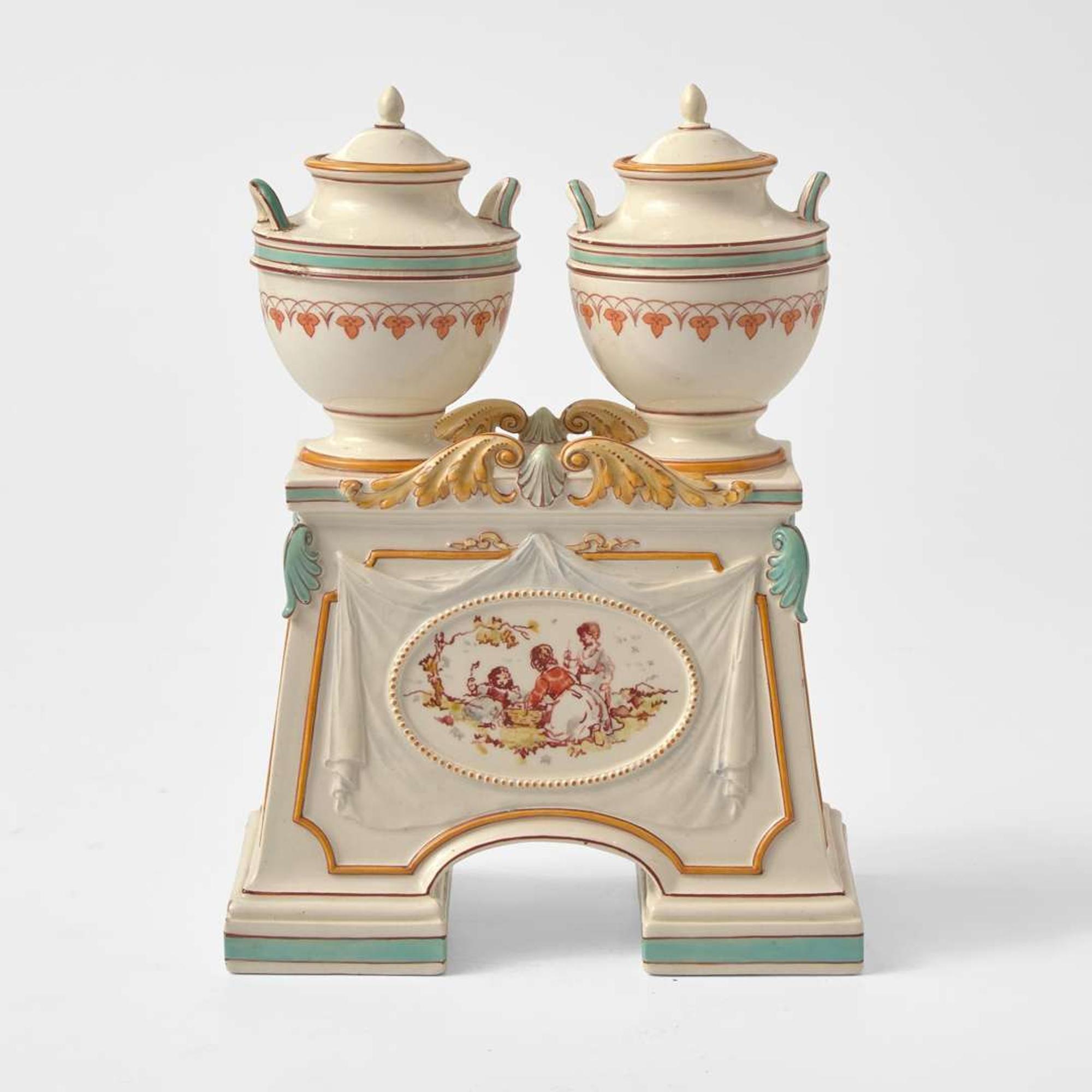 A Wedgwood Emile Lessore (1805-1876) Decorated Queensware Double Urn Form Inkwell, UK, circa 1865