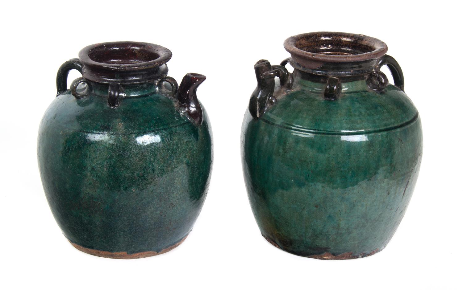 A Pair of Chinese Green Glazed Pottery Urns Height 12 3/4 inches. — 20TH CENTURY