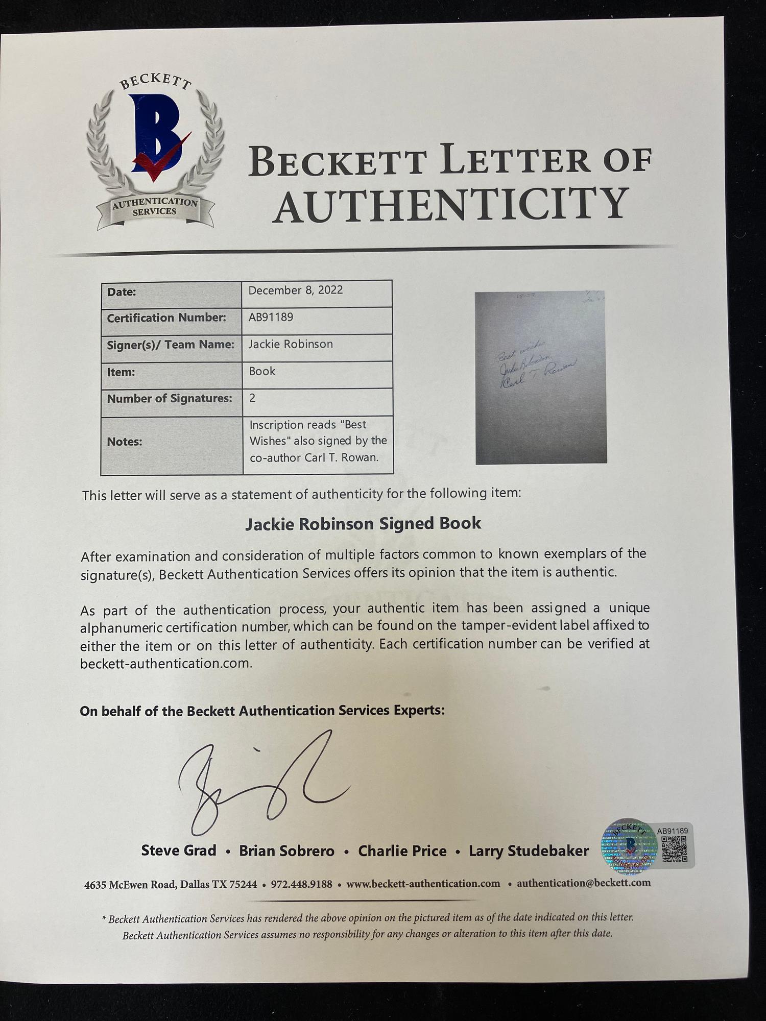 A Jackie Robinson Signed Autograph First Edition of "Wait Till Next Year" (Beckett Authentication Services Letter),