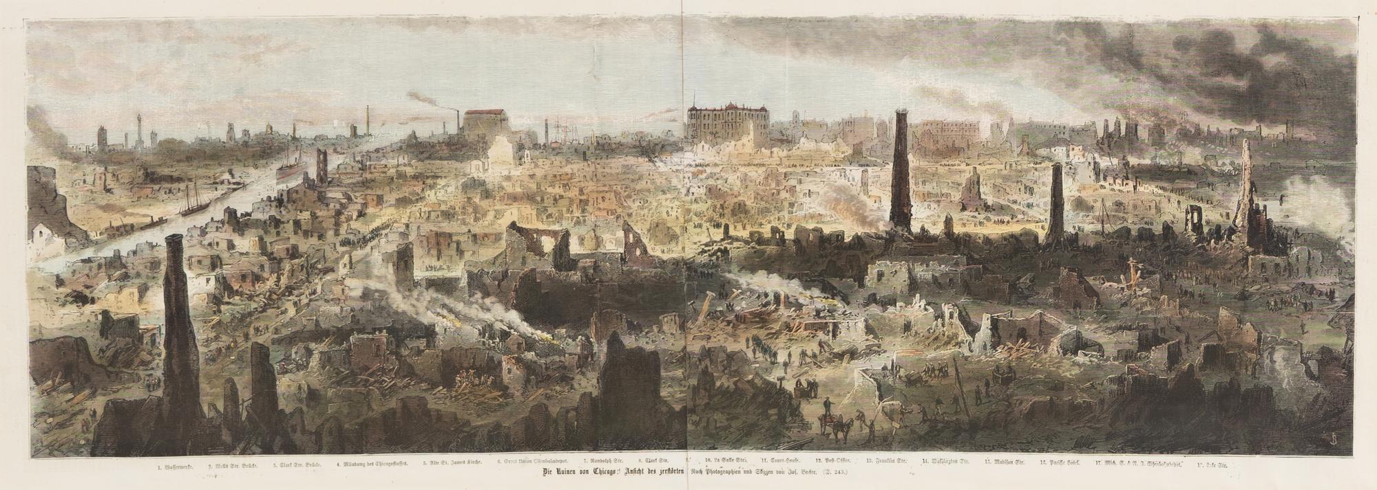 [Chicago Fire]. A group of 10 prints and 2 paintings, showing views of Chicago before and after the Great Fire, including:
