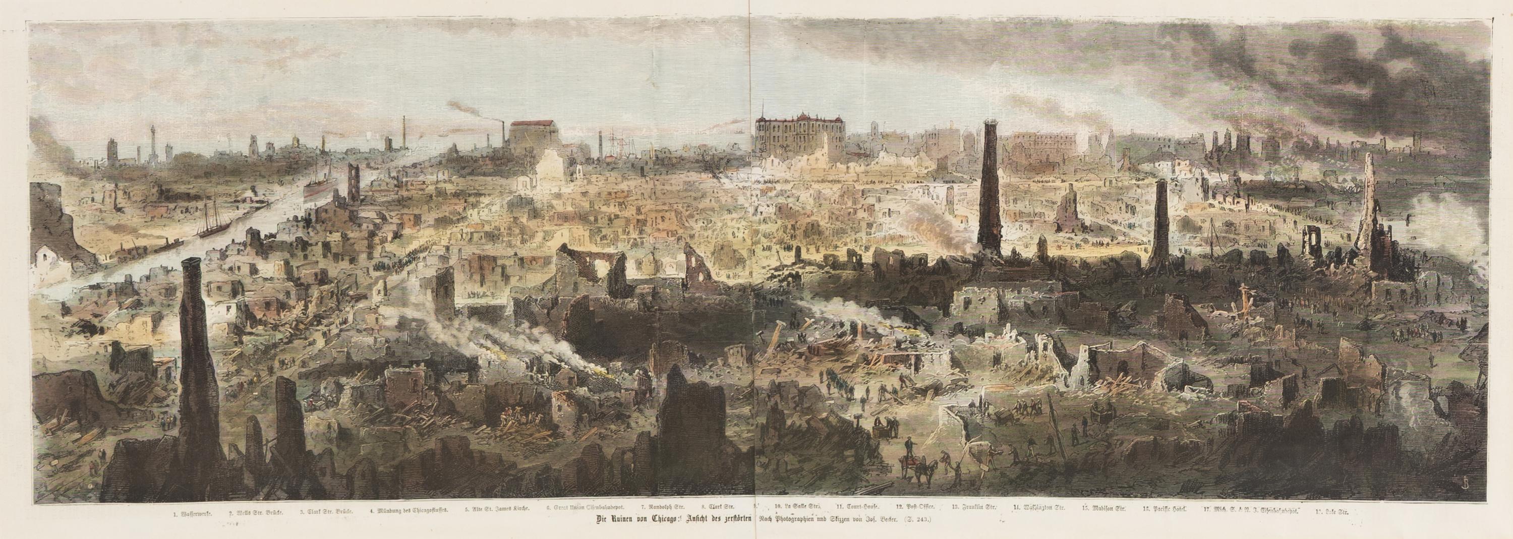 [Chicago Fire]. A group of 10 prints and 2 paintings, showing views of Chicago before and after the Great Fire, including: