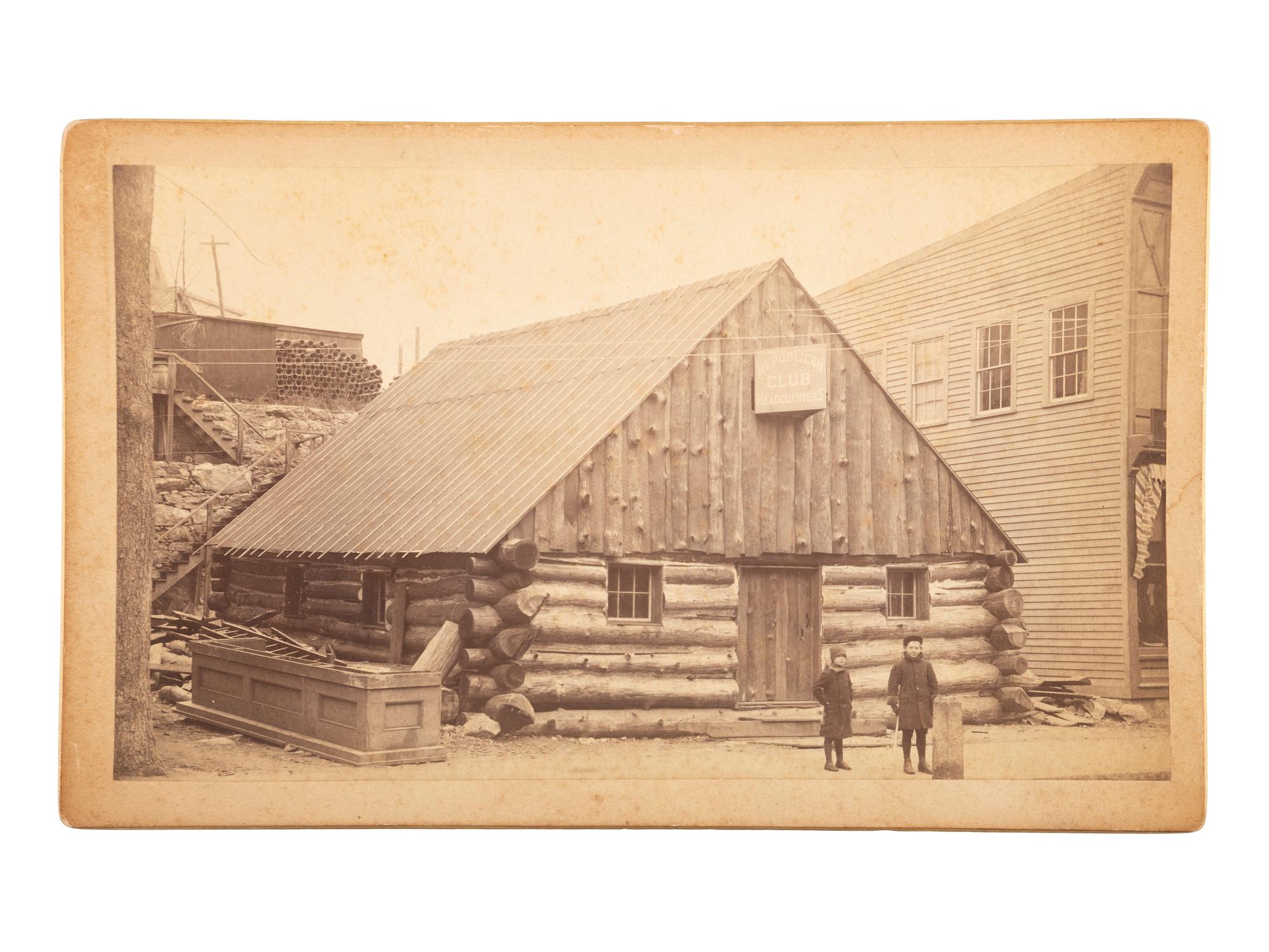 [HARRISON, Benjamin]. Albumen photographs showing Harrison and Morton campaign and Republican log cabins.