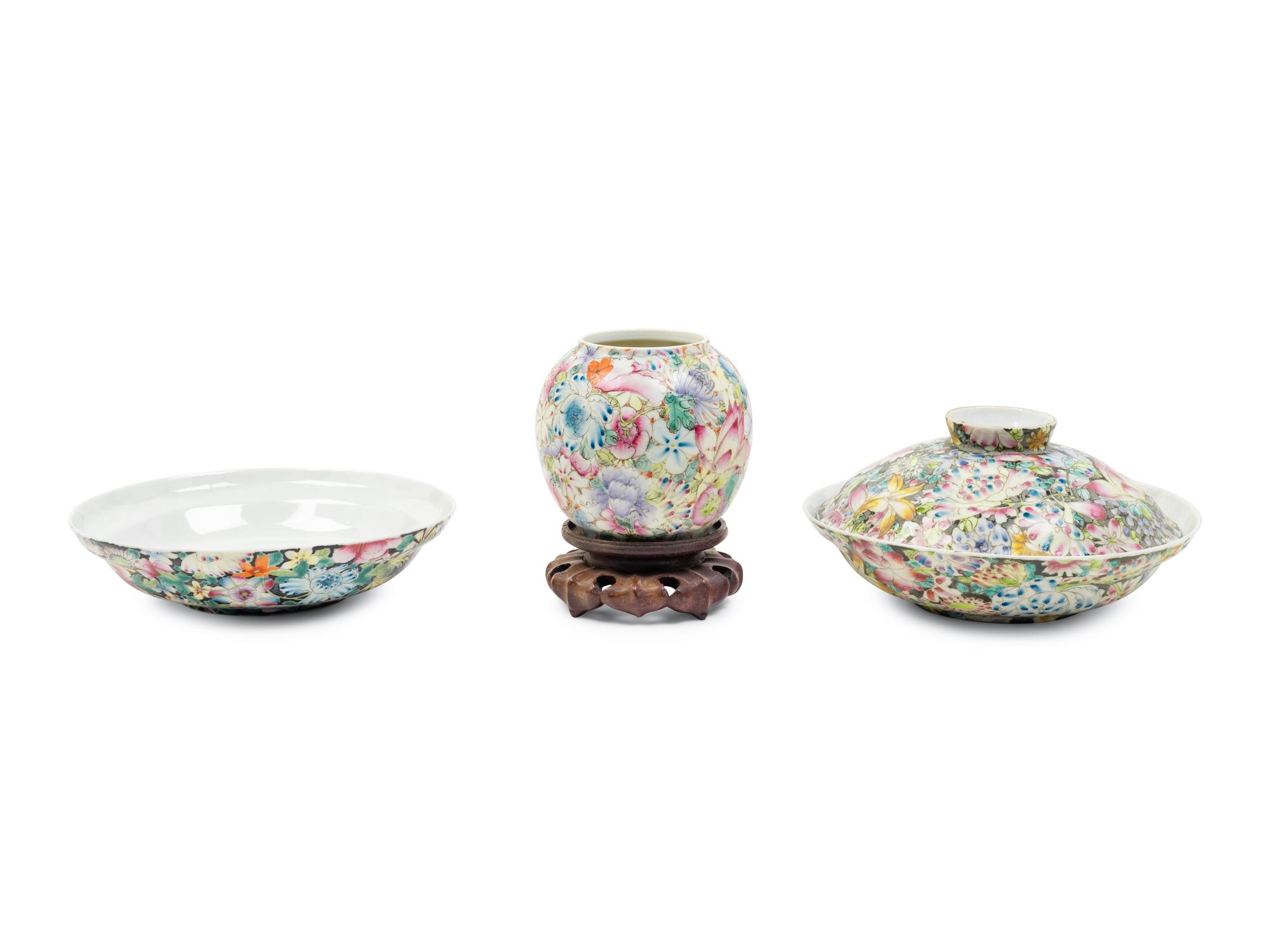 Three Chinese Famille Rose Porcelain 'Millefleur' Articles