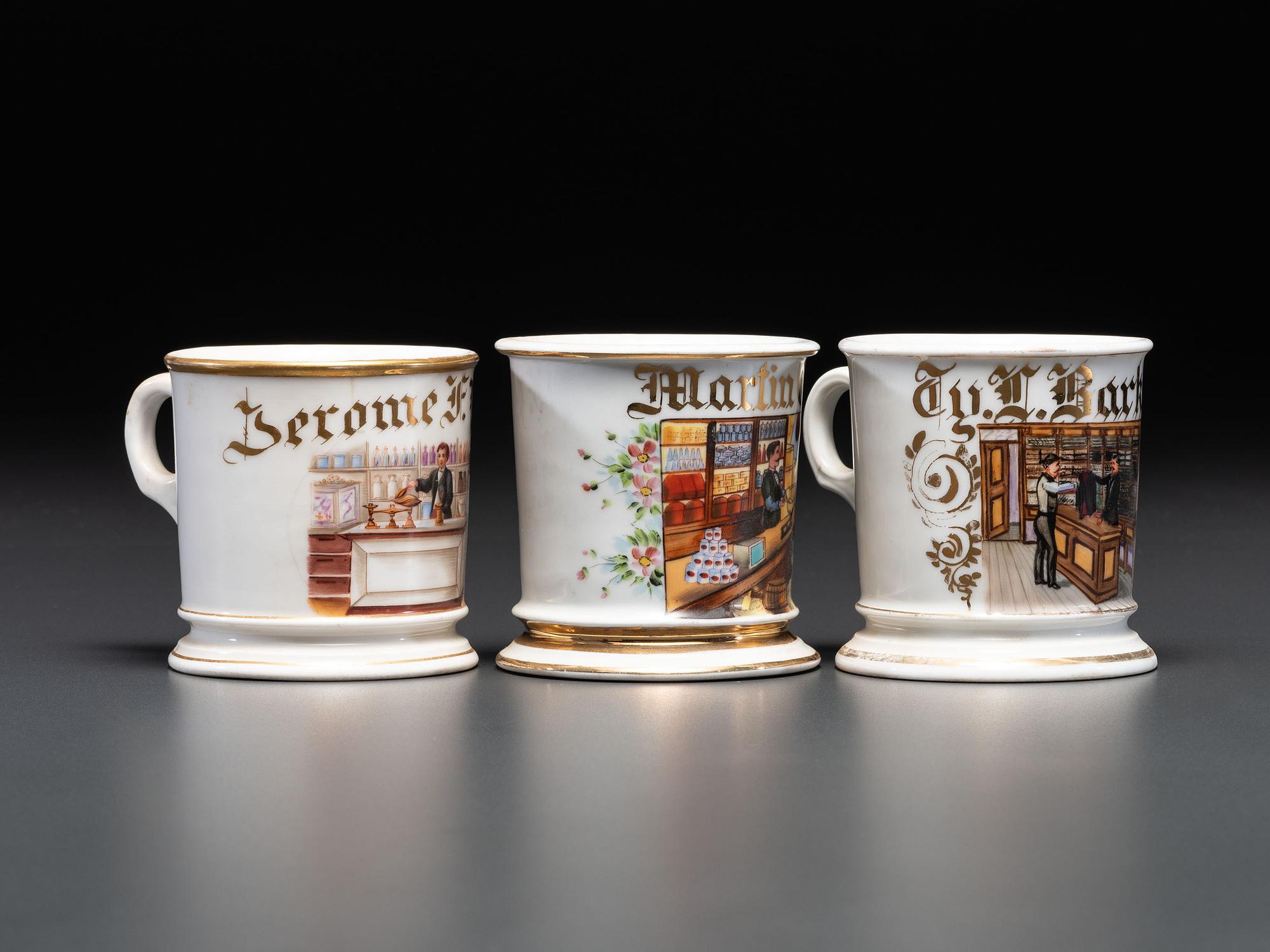 Three Porcelain Occupational Shaving Mugs