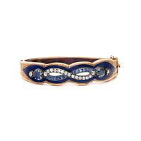 SAPPHIRE, DIAMOND, AND YELLOW GOLD BANGLE BRACELET