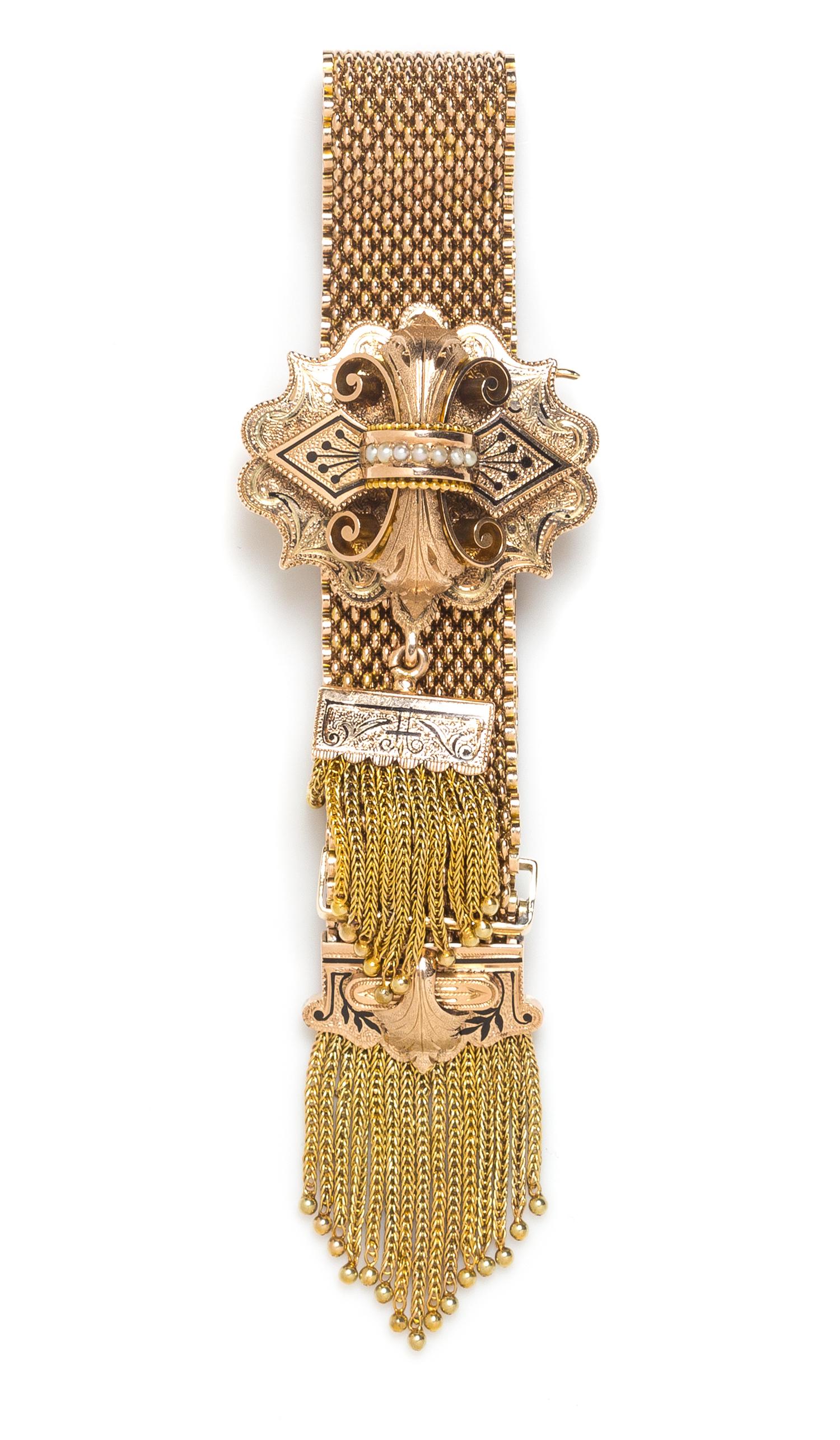 A Victorian Gold, Pearl and Enamel Slide Tassel Bracelet, 36.00 dwts.