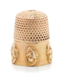 An American 14-Karat Yellow Gold Dolly Varden Thimble, Goldsmith, Stern & Co., New York, NY, the knurled top and body above a plain ban