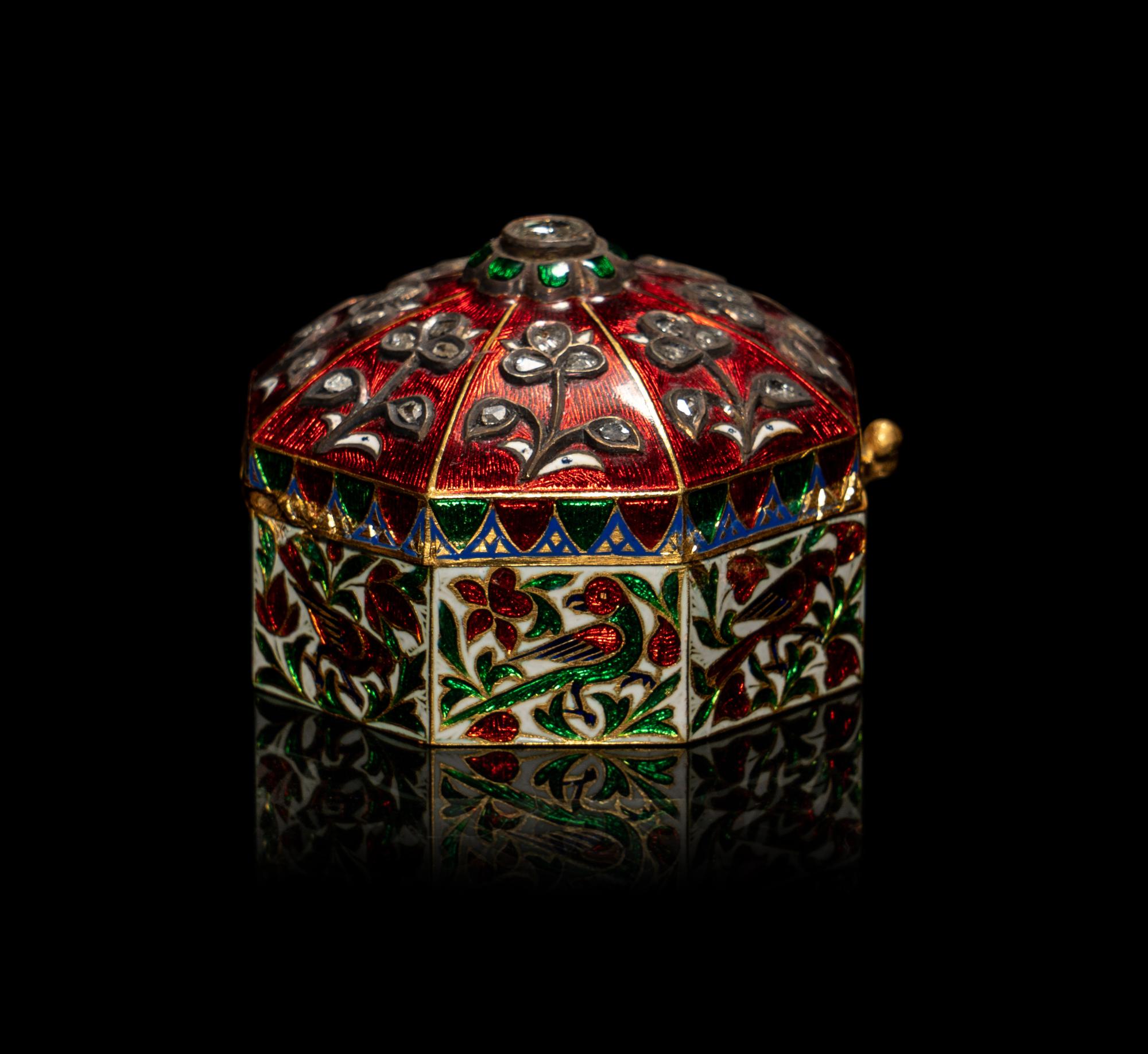 A Mughal Style Enameled Gold and Gem-Inset Snuff Box