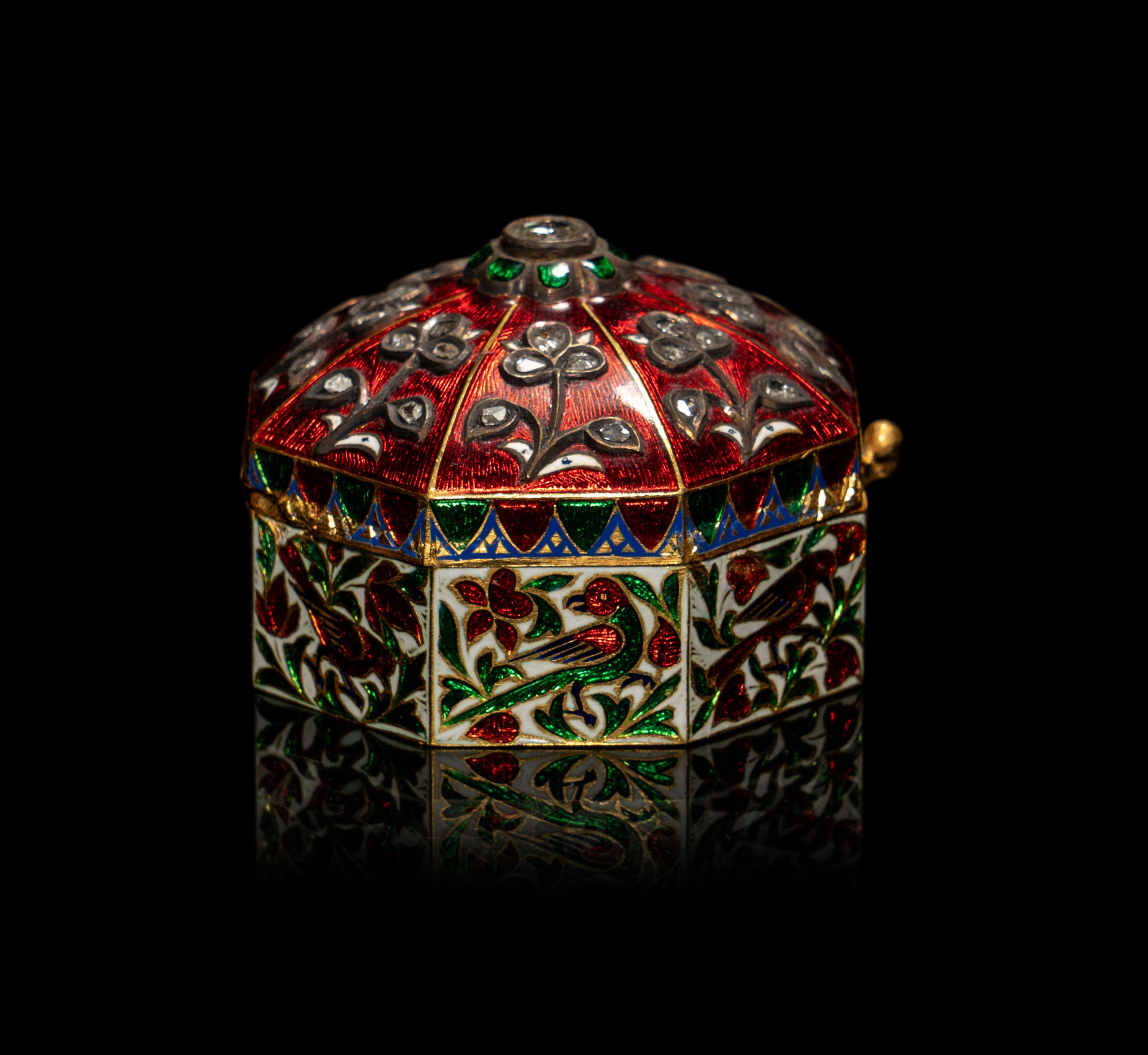A Mughal Style Enameled Gold and Gem-Inset Snuff Box