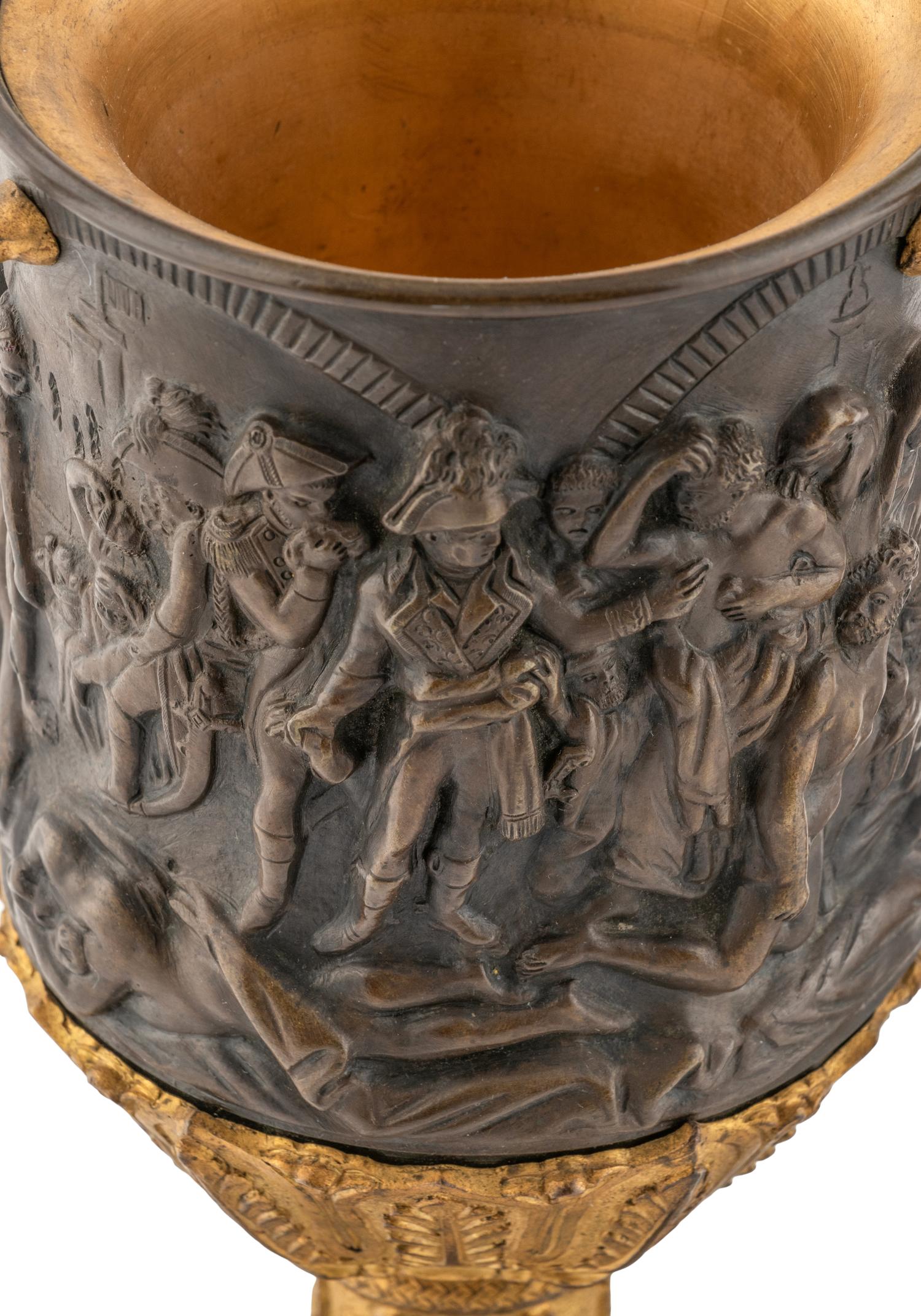 A Pair of Empire Style Gilt and Patinated Bronze and Marble Urn Ornaments