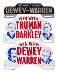 [POLITICS]. A group of 3 campaign license plate attachments promoting Dewey & Warren and Truman & Barkley. 1948.