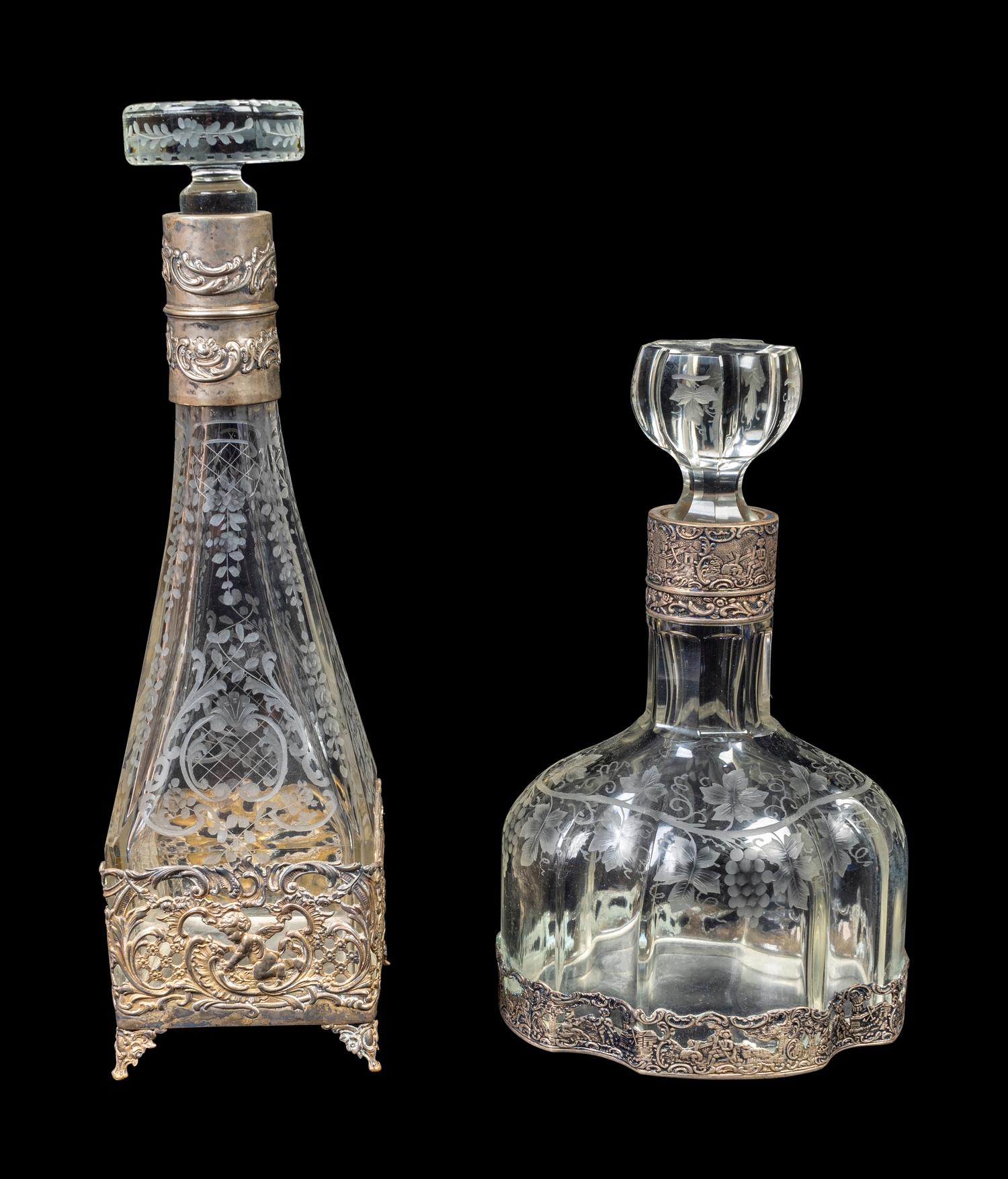 Two Continental Silver-Mounted Etched Glass Decanters — 19TH CENTURY