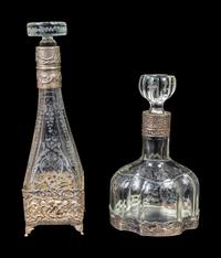 Two Continental Silver-Mounted Etched Glass Decanters — 19TH CENTURY