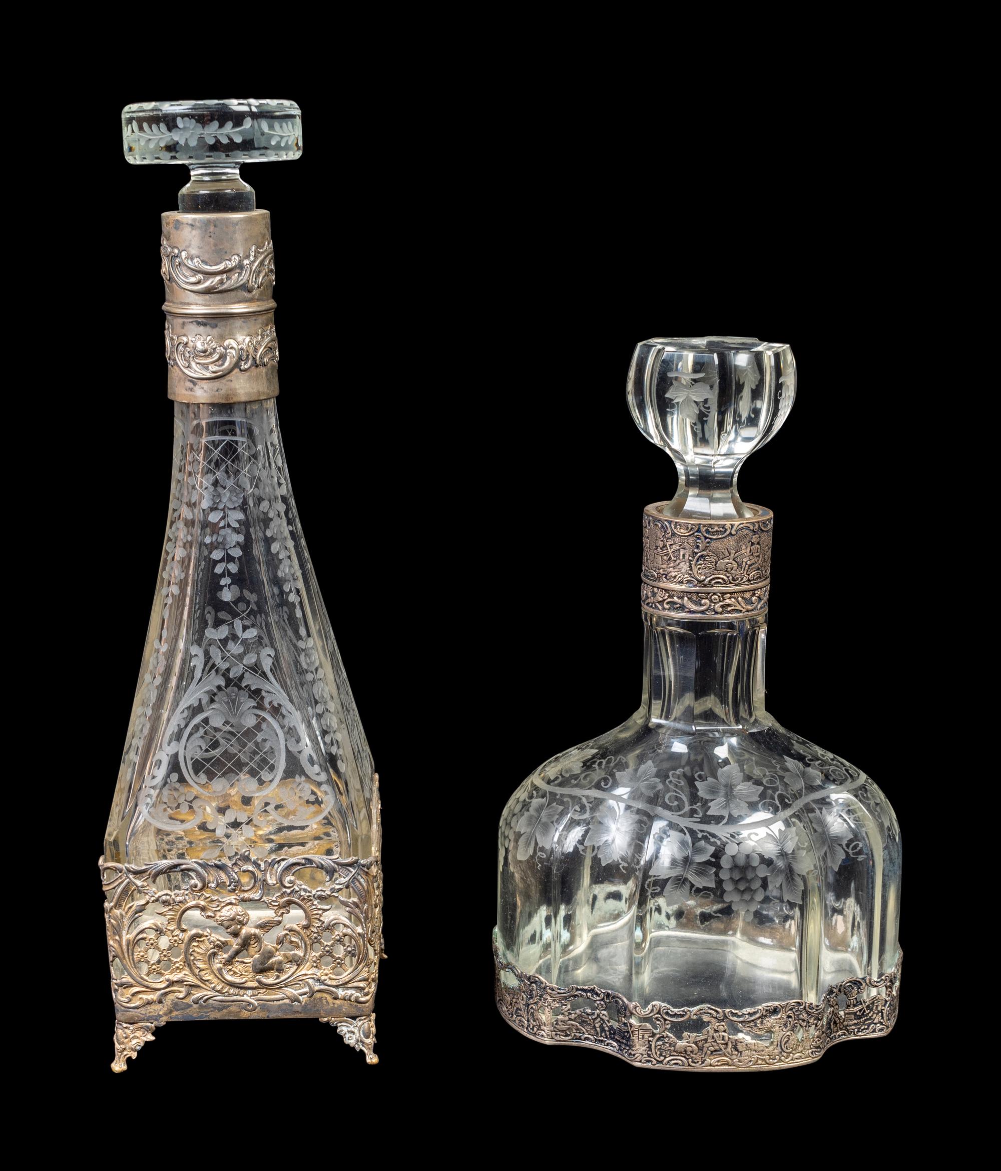 Two Continental Silver-Mounted Etched Glass Decanters — 19TH CENTURY