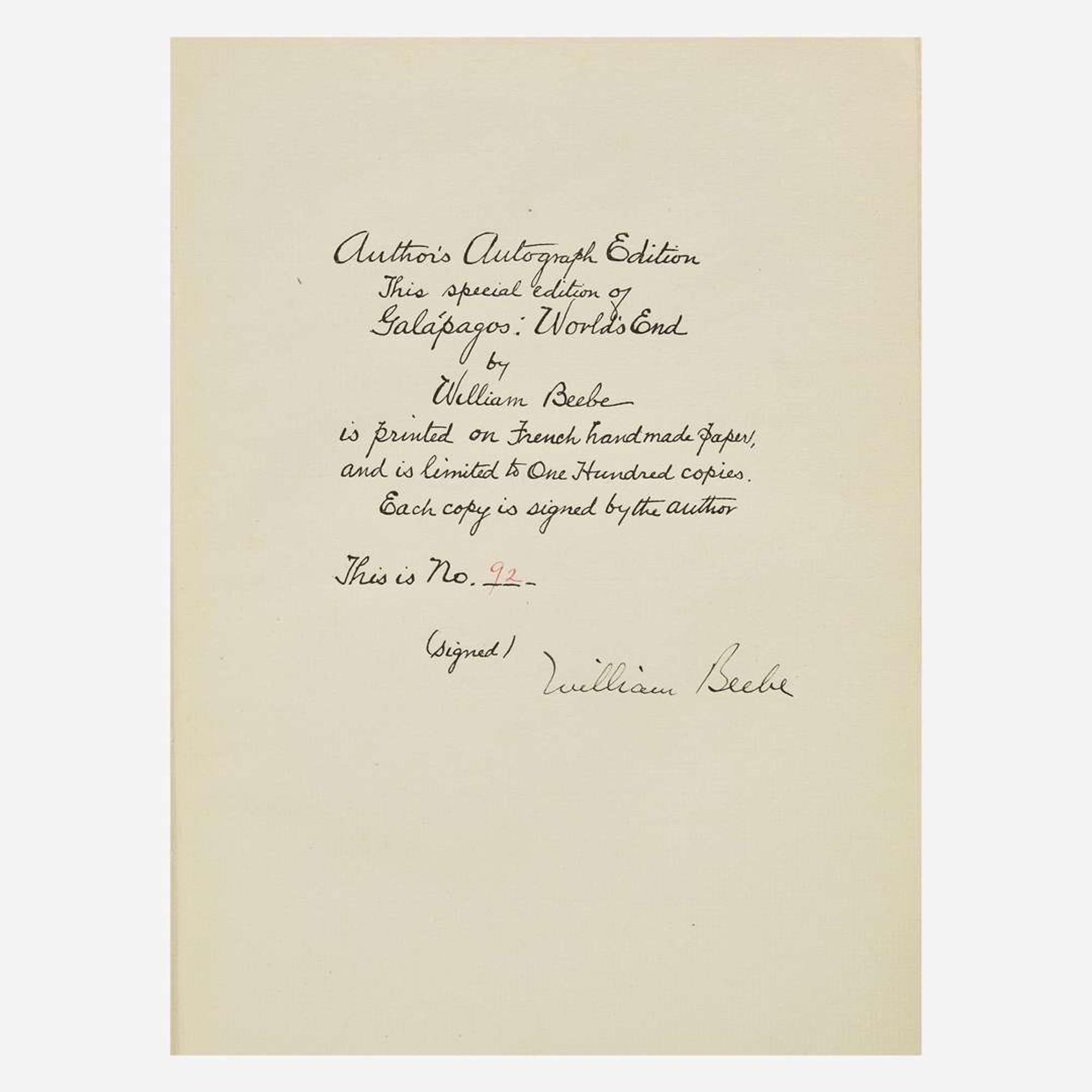 [Science, Medicine & Mathematics] Beebe, (Charles) William "Galapagos: World's End" and 3 Other Titles