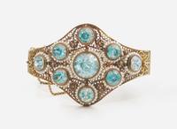 A 14K Yellow Gold, Seed Pearl, and Blue Zircon Bracelet
