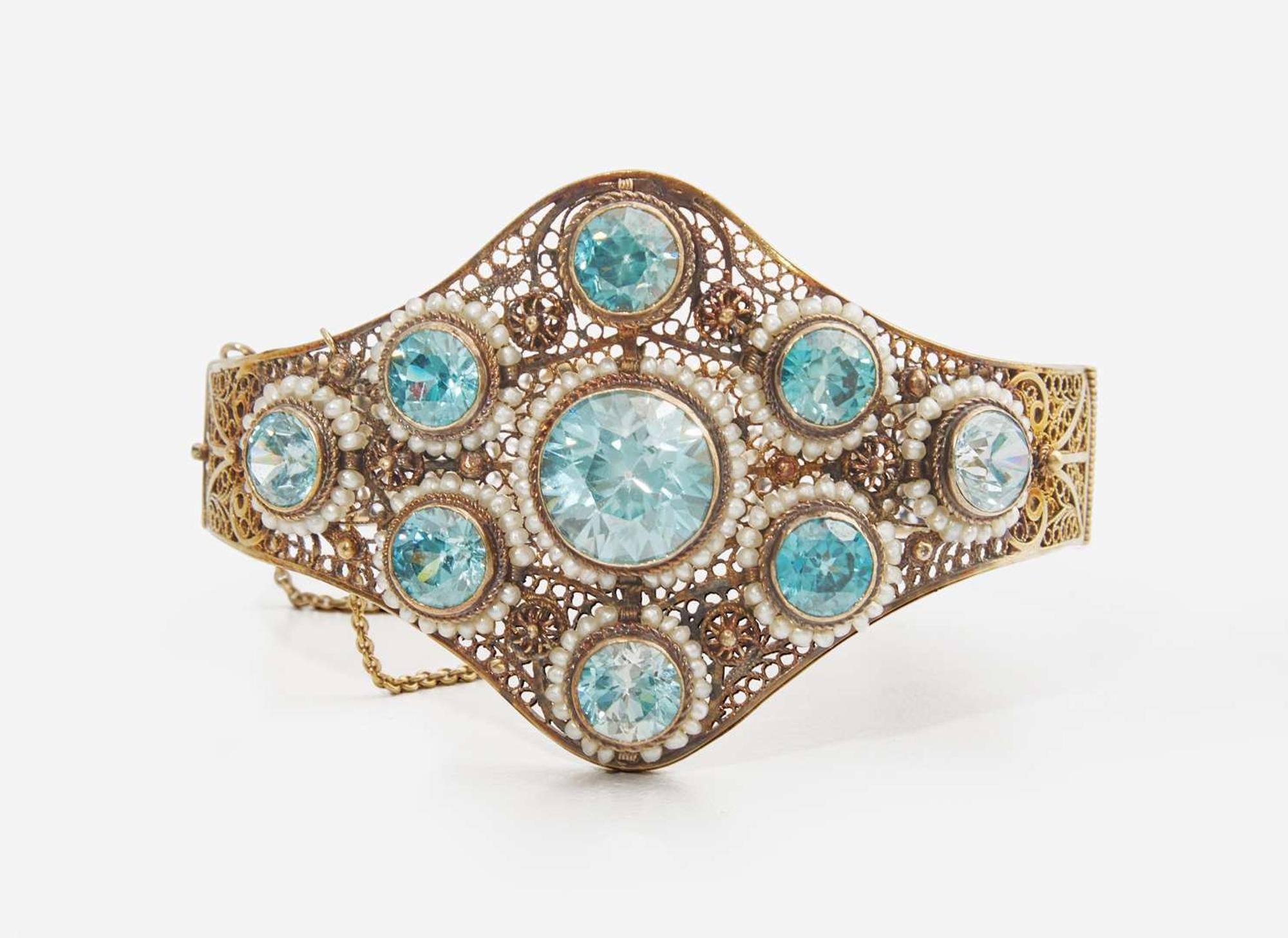 A 14K Yellow Gold, Seed Pearl, and Blue Zircon Bracelet