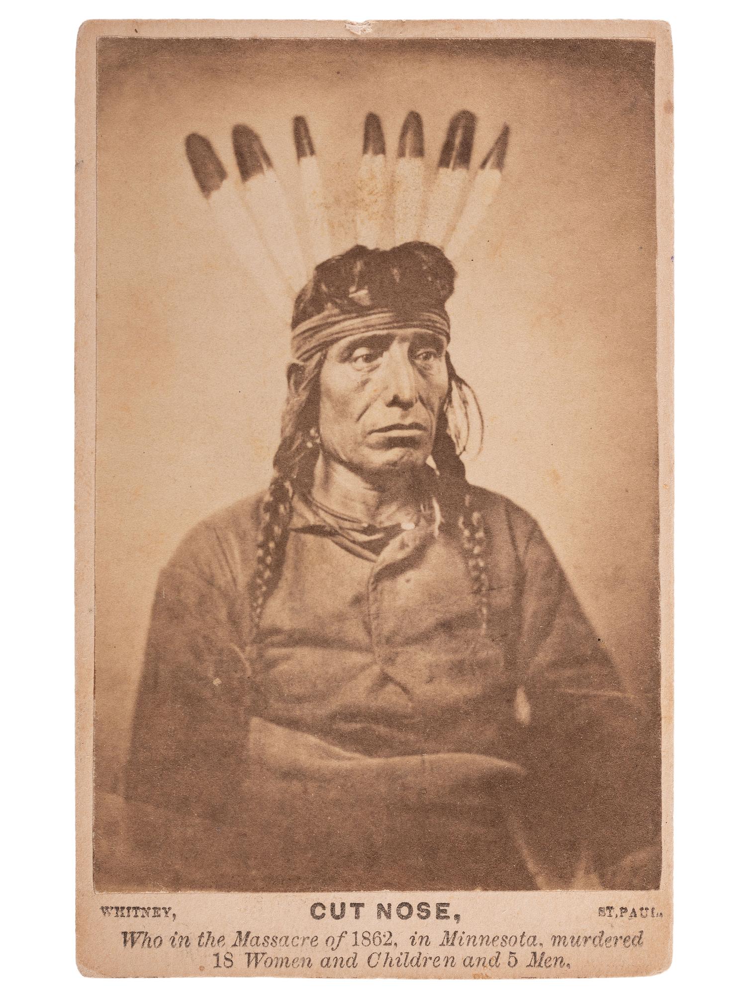 [NATIVE AMERICANS]. WHITNEY, Joel, photographer. CDV of Cut Nose. St. Paul, MN: 1862.