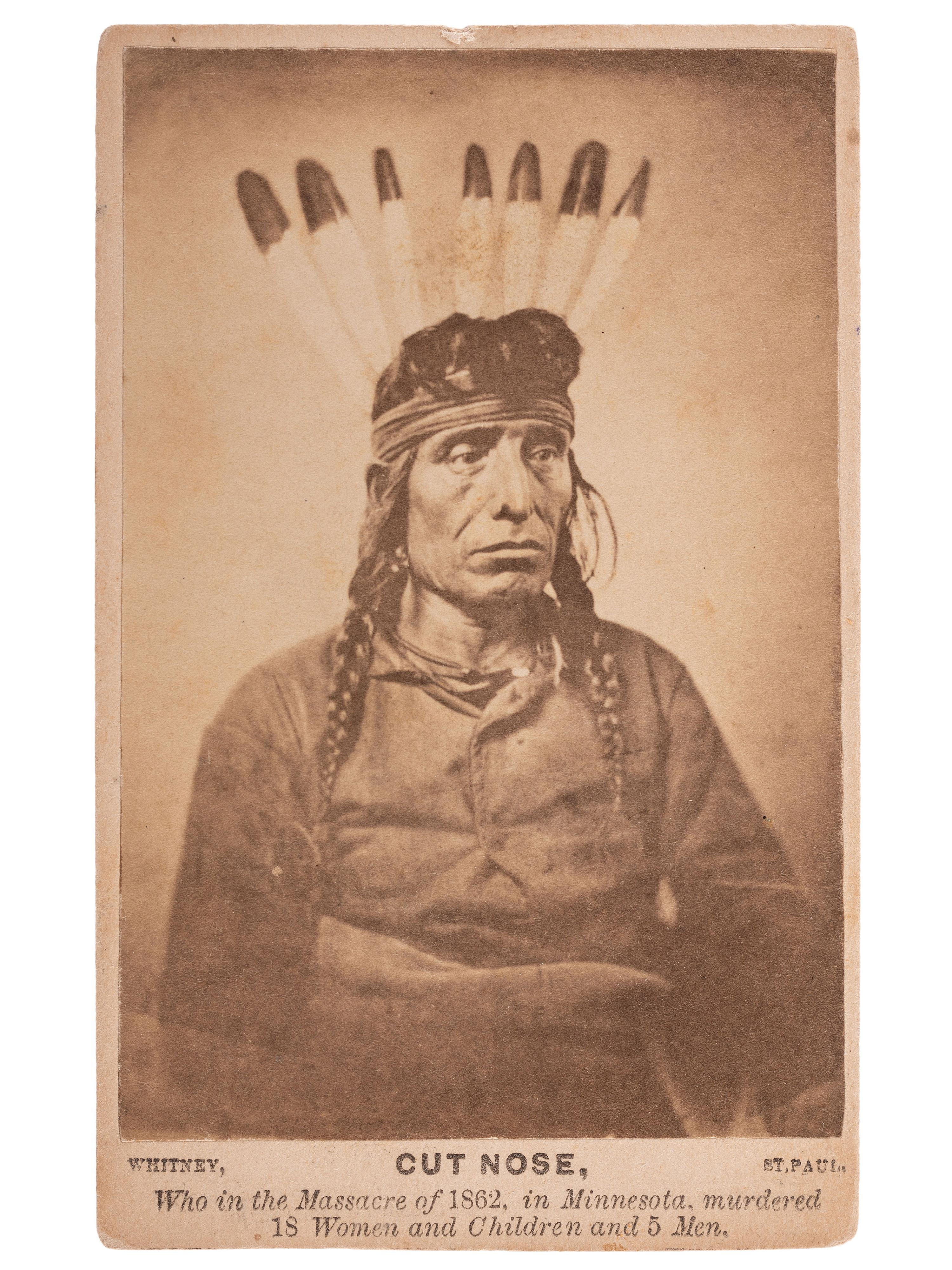 [NATIVE AMERICANS]. WHITNEY, Joel, photographer. CDV of Cut Nose. St. Paul, MN: 1862.