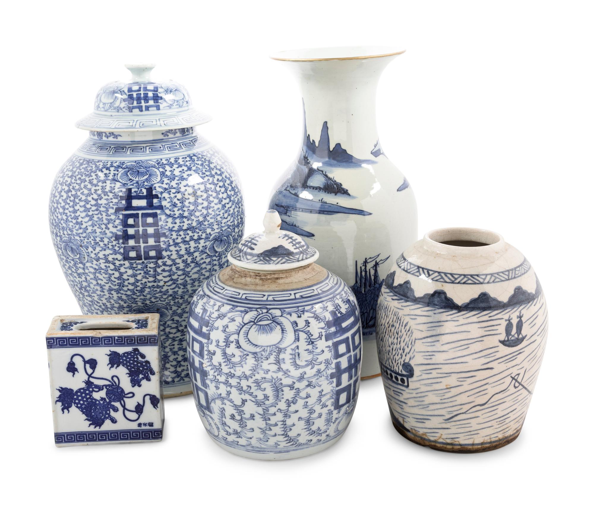 Five Chinese Blue and White Porcelain Articles